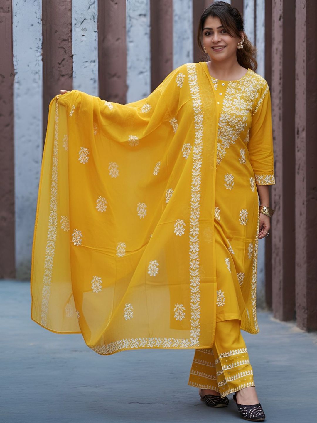 YASH GALLERY Women Ethnic Motifs Embroidered Chikankari Kurta with Trousers & With Dupatta-picture-30