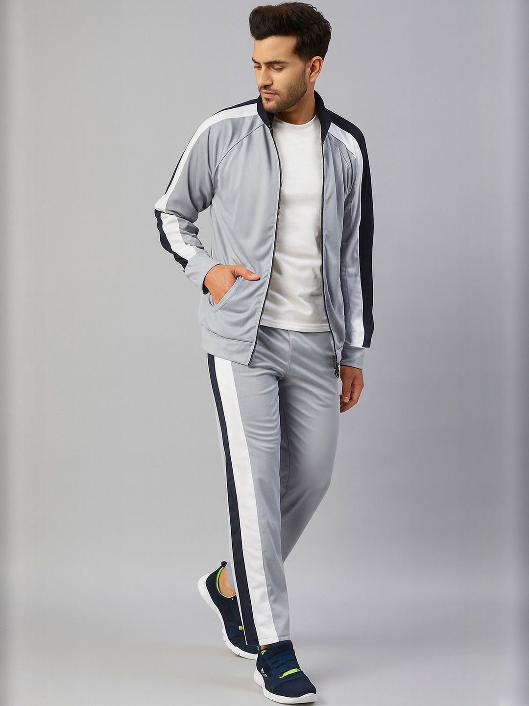 CHROME & CORAL Men Striped Mock Collar Mid-Rise Tracksuits-picture-10