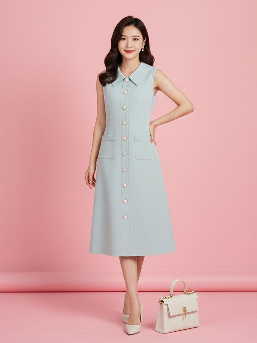 Outzidr Women Shirt Collar Sleeveless A-Line Dress-picture-39