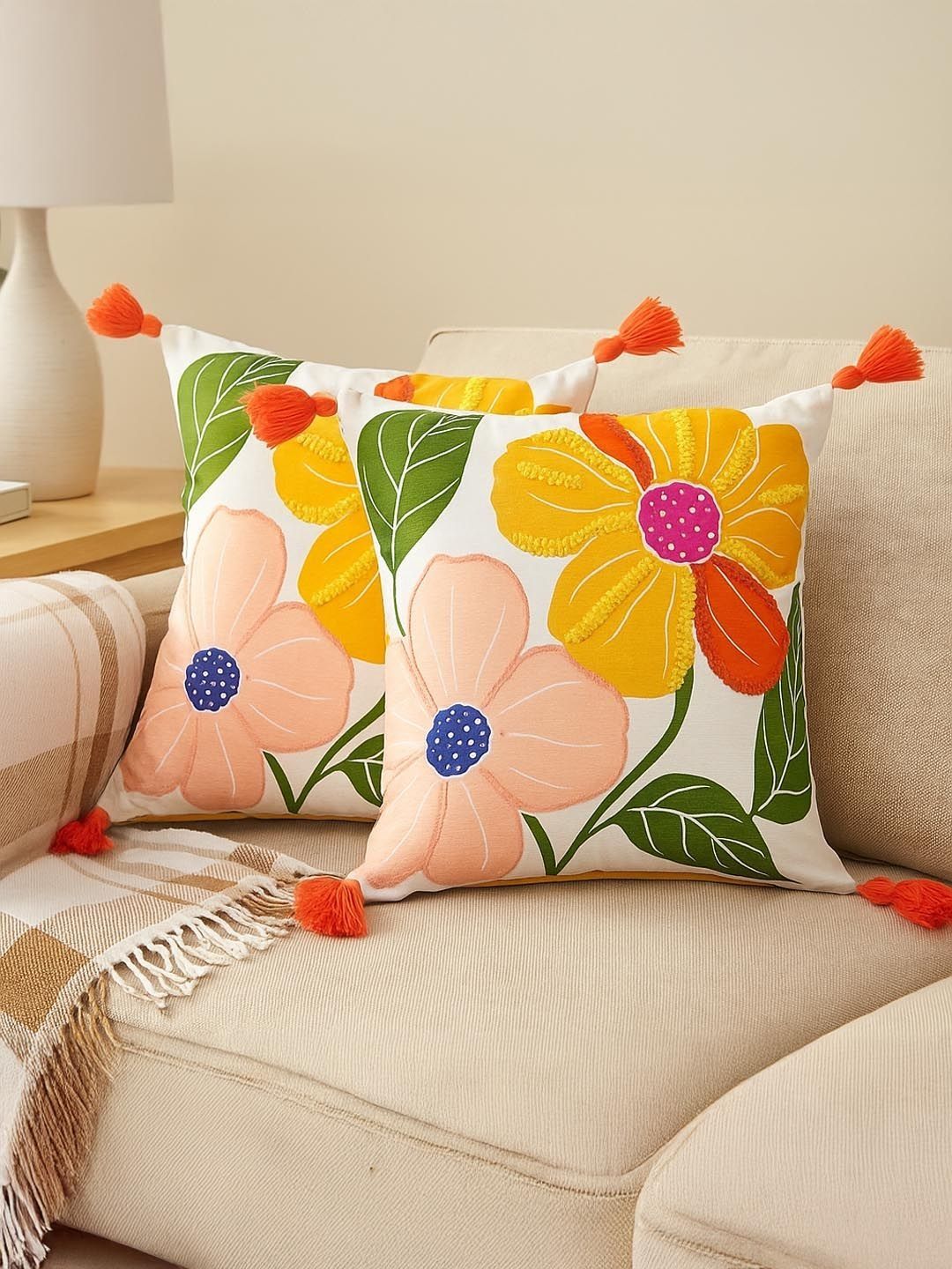 Myntra Elegant Homes Multicoloured Set of 2 Floral Square Cushion Covers-picture-28
