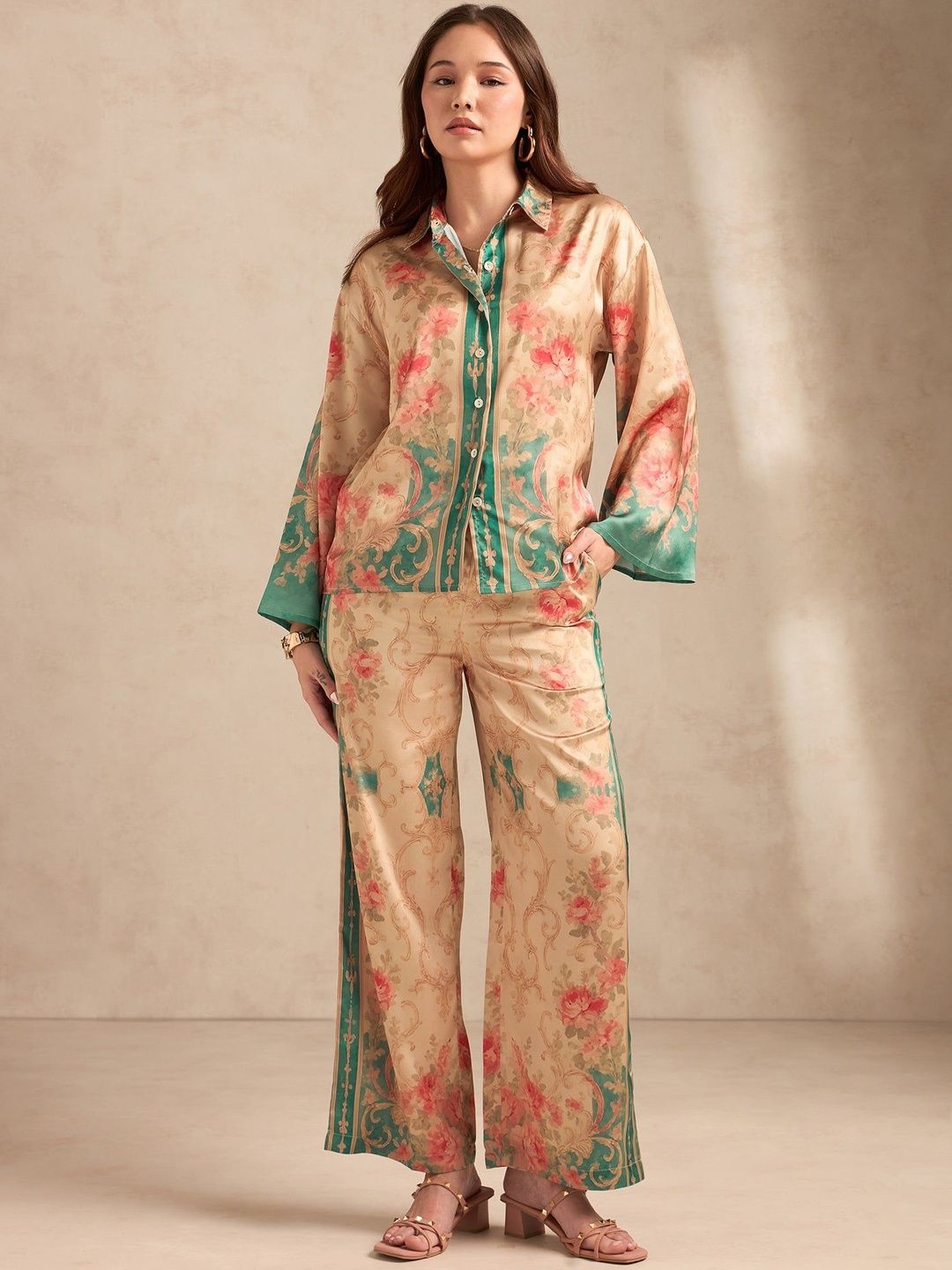 Outzidr Floral Printed Shirt Collar Relax Fit Satin Shirt With Wide Leg Trousers-picture-14