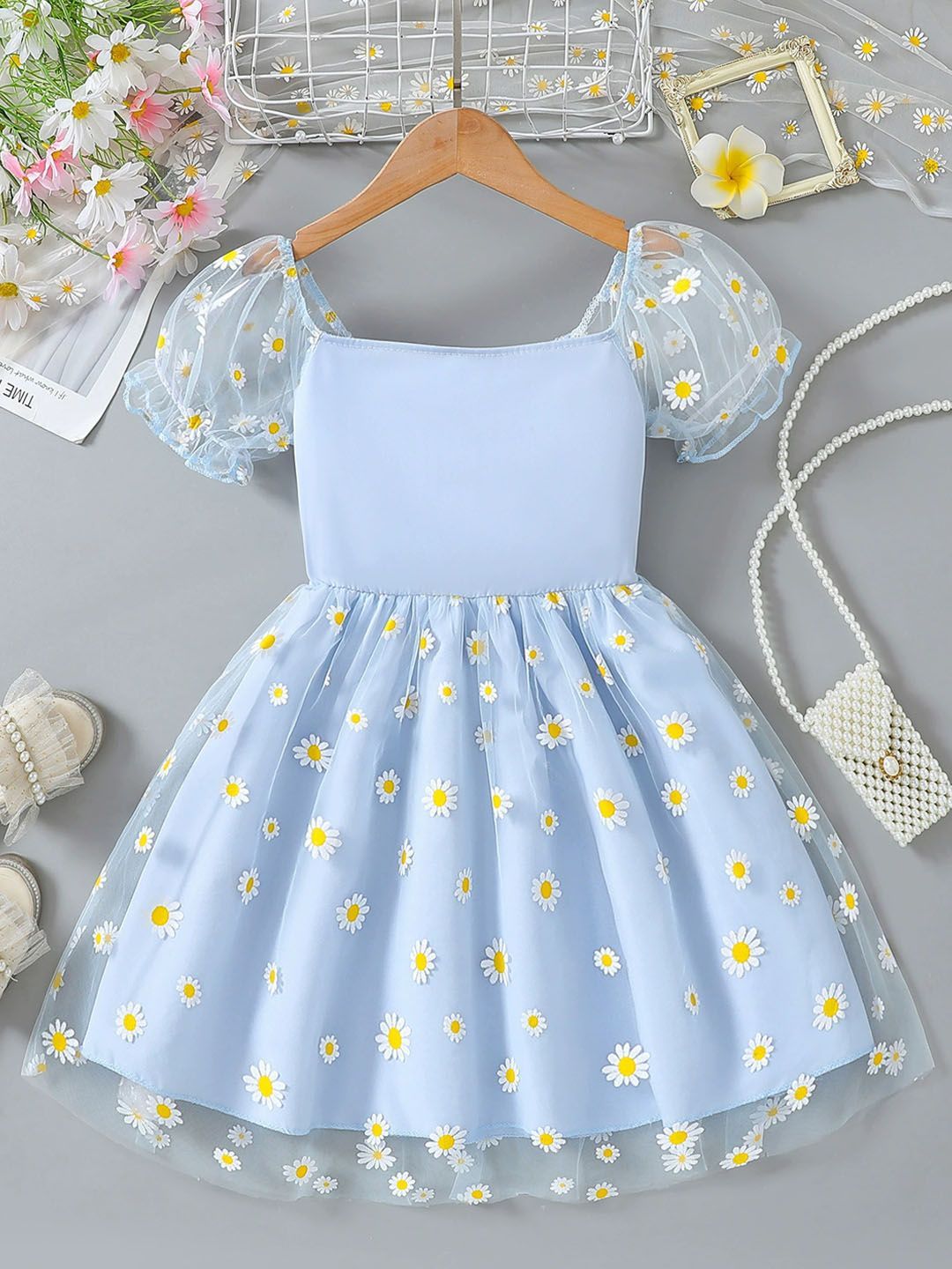 Xsole Girls Floral Printed Square Neck Puff Sleeves Pleated Detail Fit & Flare Mini Dress-picture-38