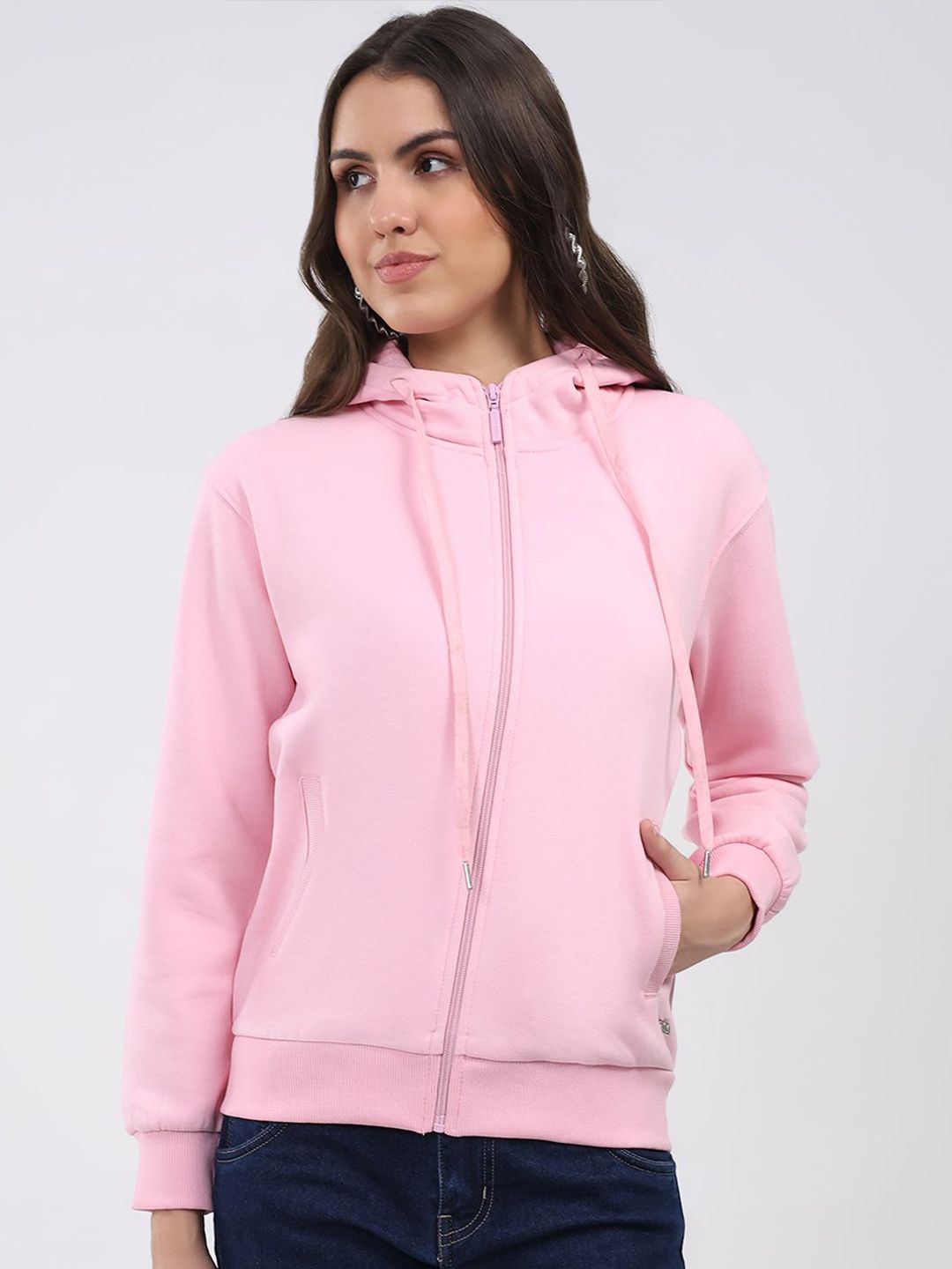 Monte Carlo Women Solid Hooded Long Sleeves Front-Open Sweatshirt