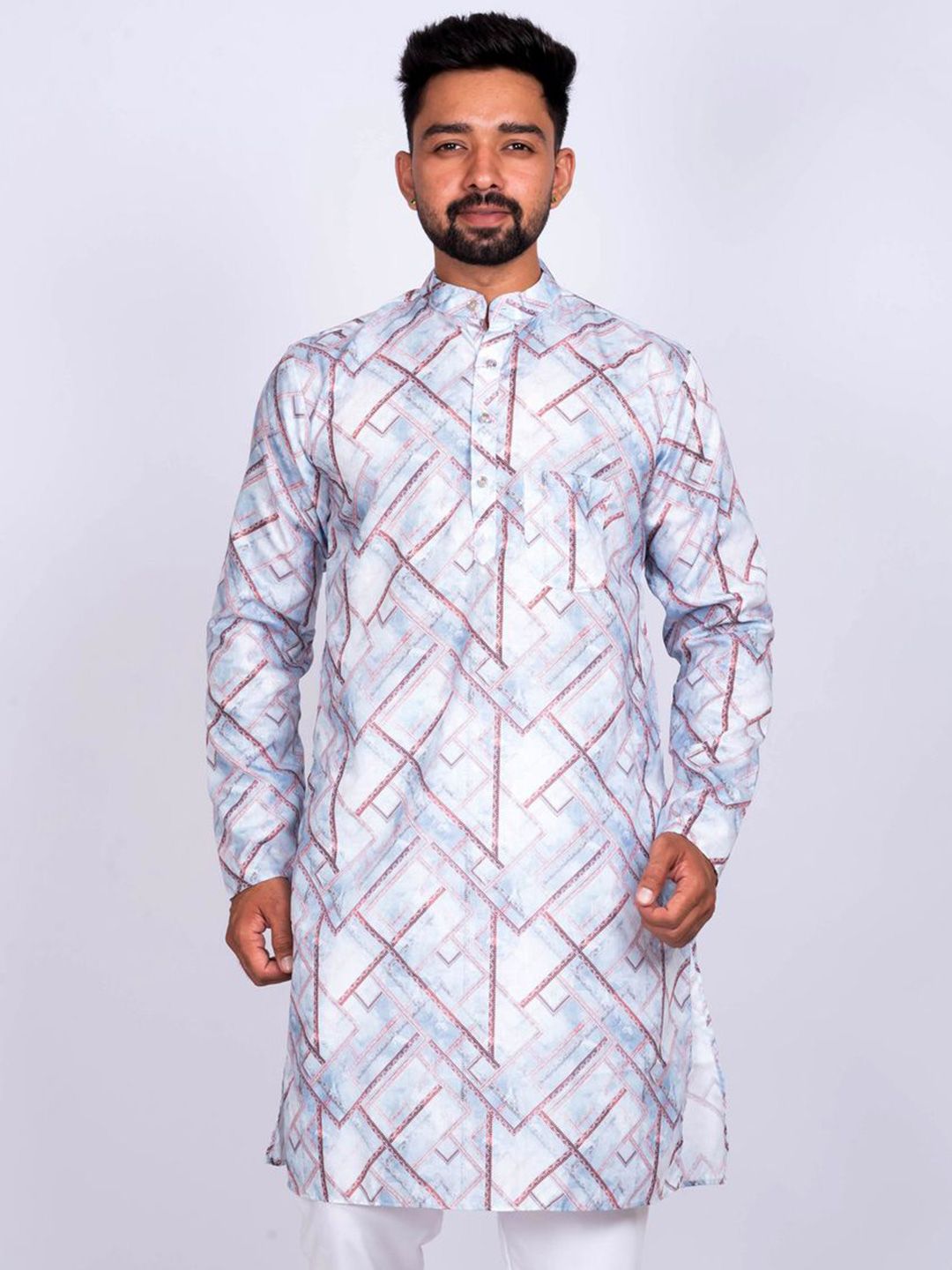 KAISERMEN Men Geometric Printed Screen Print Festive Straight Kurta-image-12