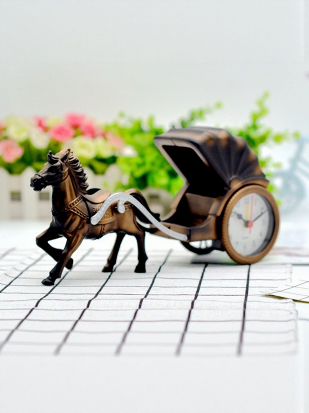 DEALSEVEN FASHION Bronze-Toned Vintage Analogue Carriage Shaped Round Alarm Clock-image-5