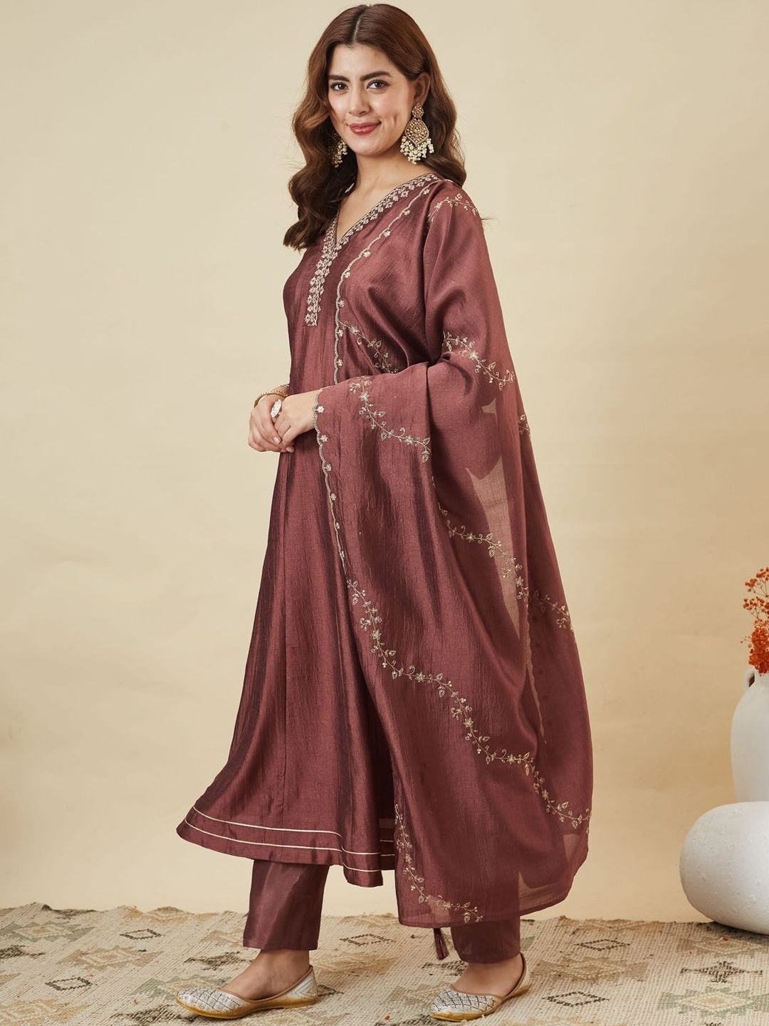 MOKOSH Women Ethnic Motifs Embroidered Silk A-Line Kurta with Trousers & Dupatta-picture-14