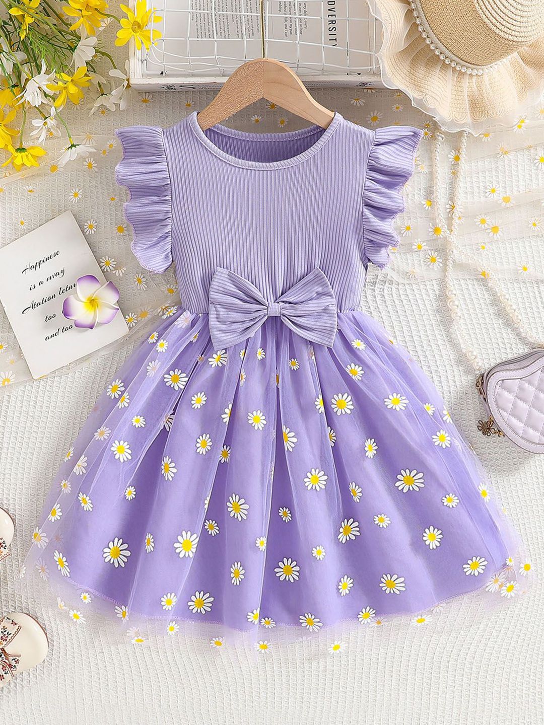 Xsole Girls Floral Printed Flutter Sleeves Fit & Flare Mini Dress With Bow Detail-picture-33