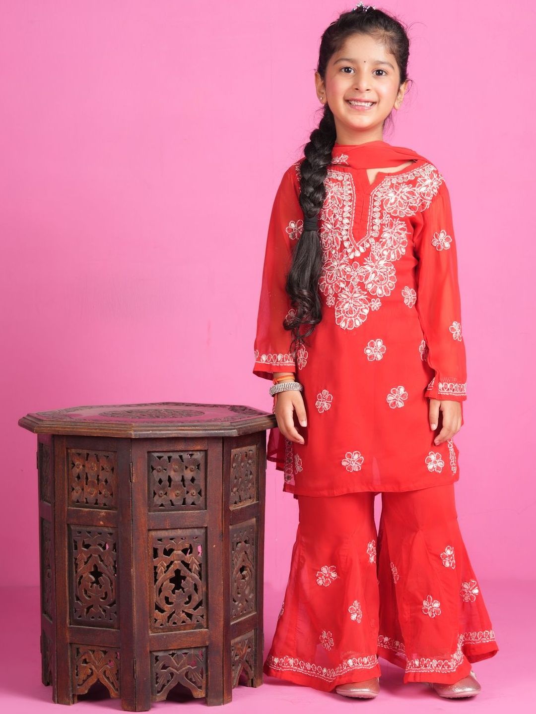KHAKA Girls Ethnic Motifs Embroidered Thread Work Georgette Kurta With Sharara & Dupatta-picture-39