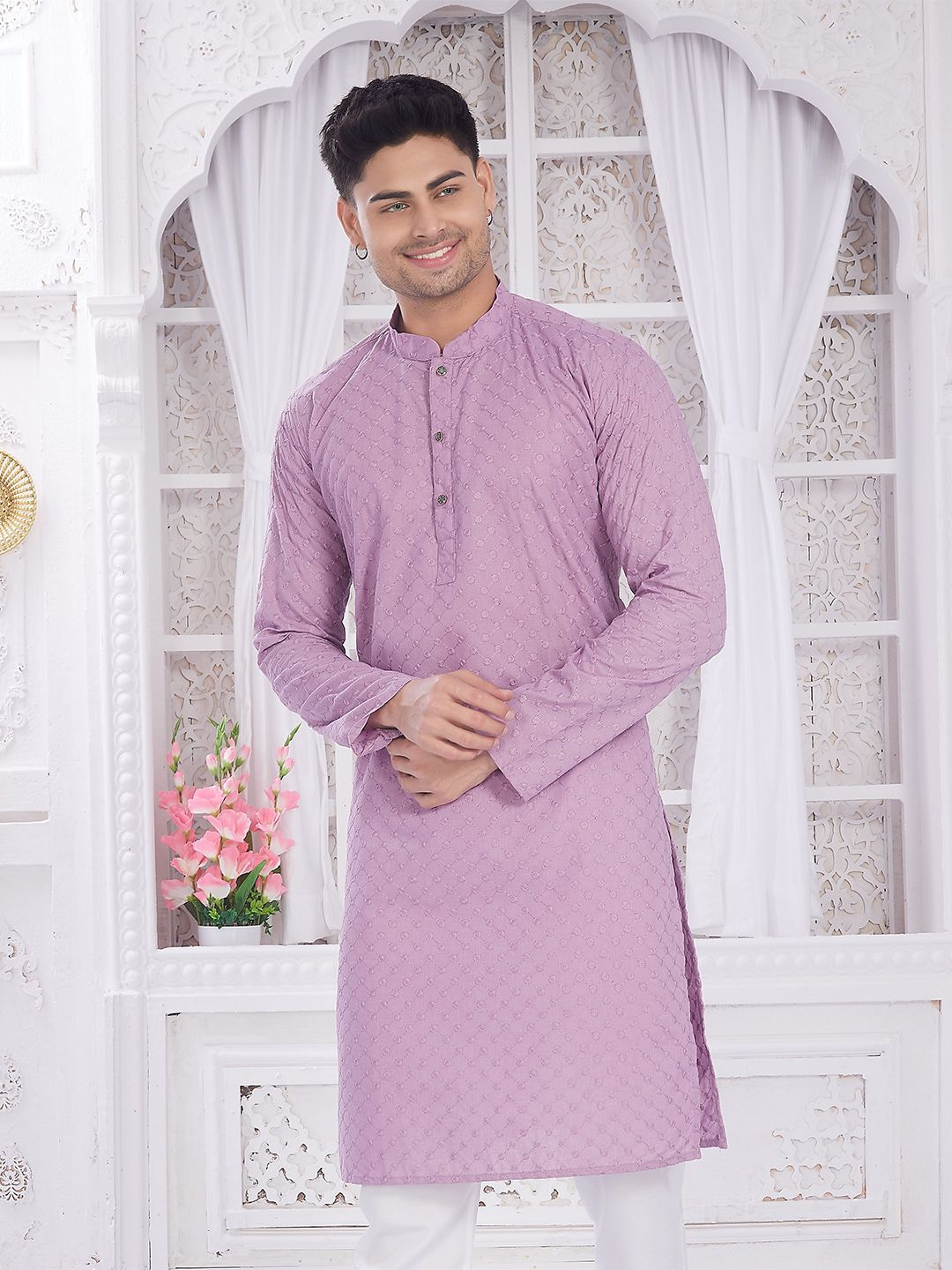 DIVISIVE Men Geometric Embroidered Mandarin Collar Thread Work Cotton Straight Kurta-picture-34