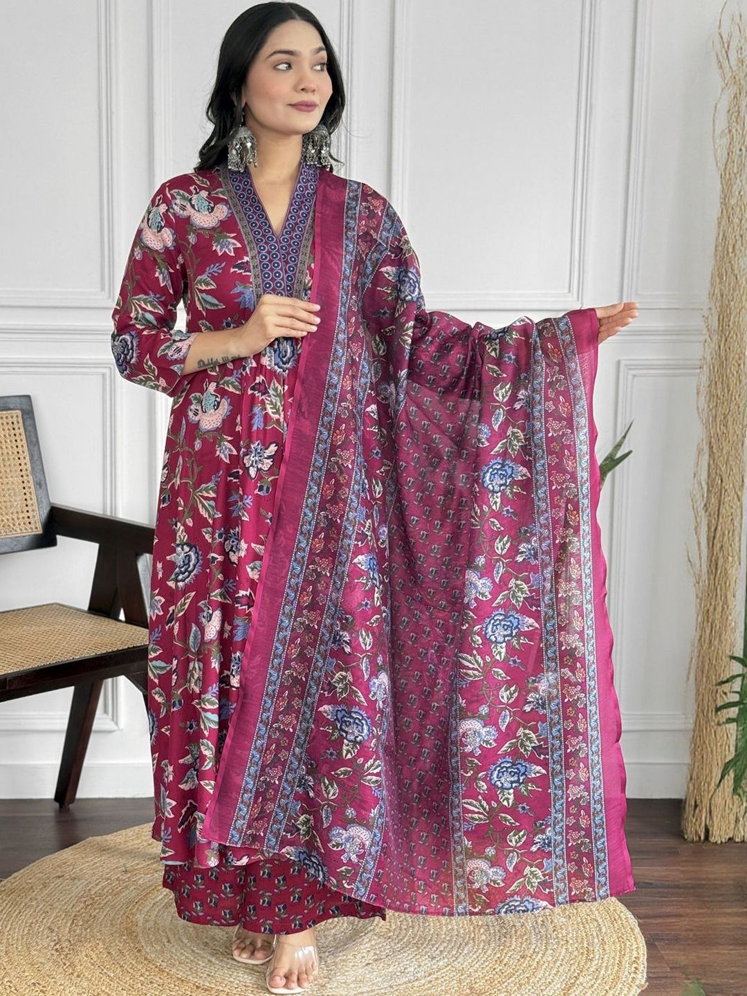 Anni Designer Floral Printed V-Neck Empire A-Line Kurta With Palazzos & Dupatta-picture-36