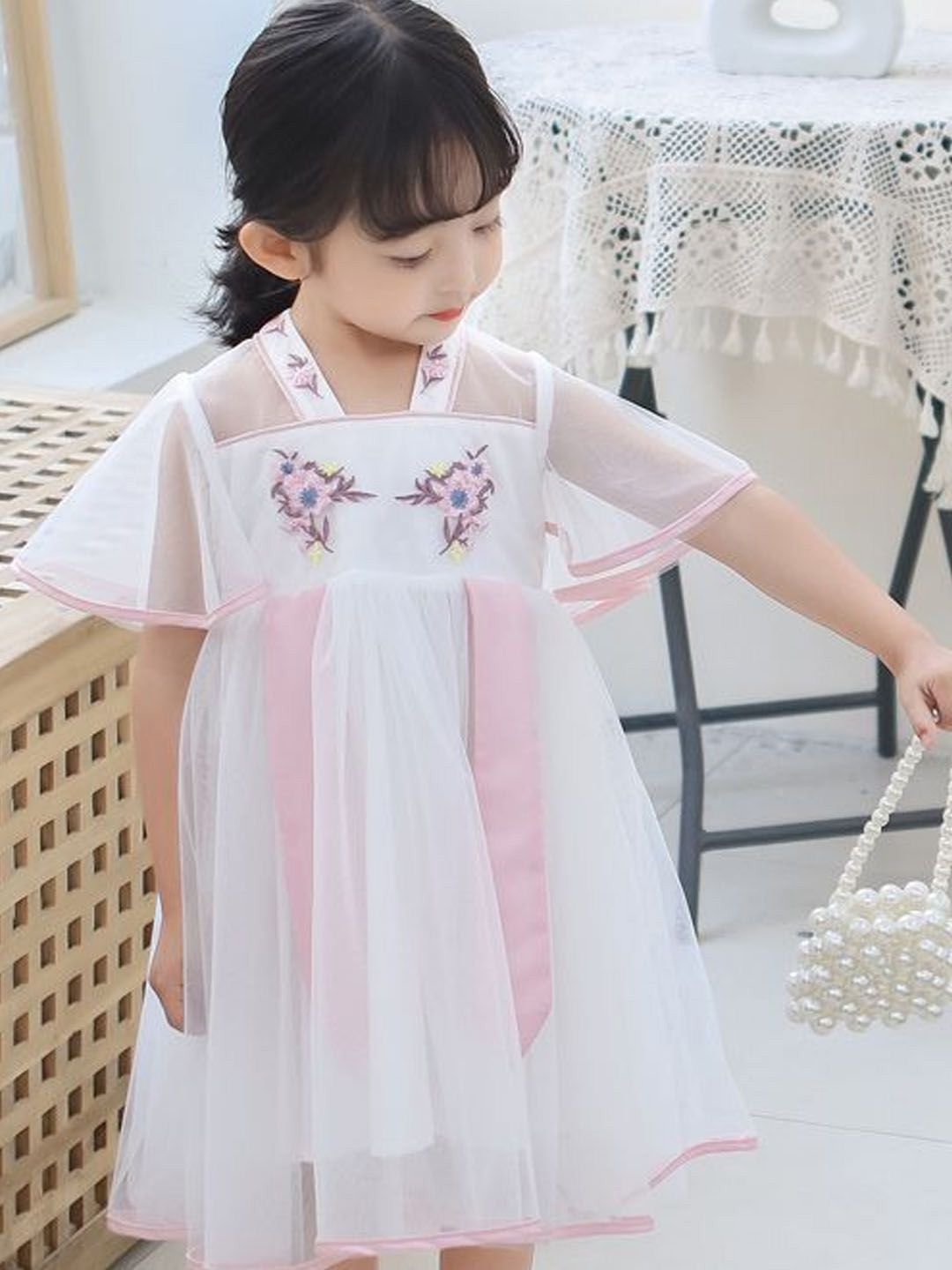 Xsole Girls Floral Embroidered Gathered V-Neck Flared Sleeve Fit & Flare Midi Dress-picture-37