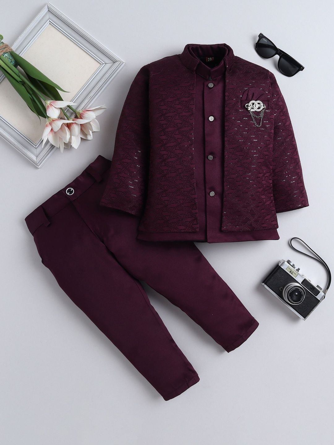 FOURFOLDS Boys Embellished Embroidered Mandarin Collar Sherwani Set-picture-20