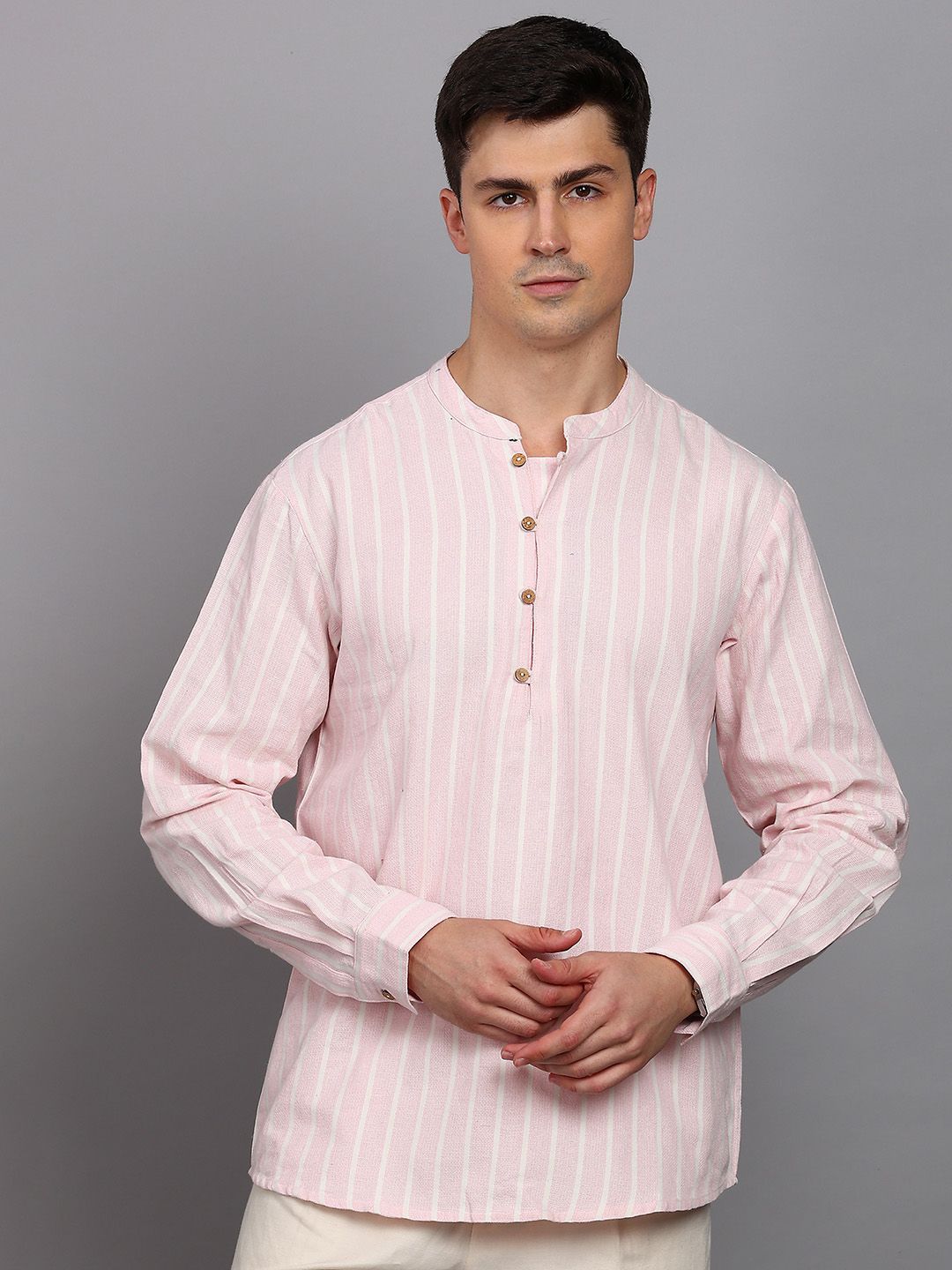 HERE&NOW Striped Mandarin Collar Pure Cotton Short Kurta-picture-30