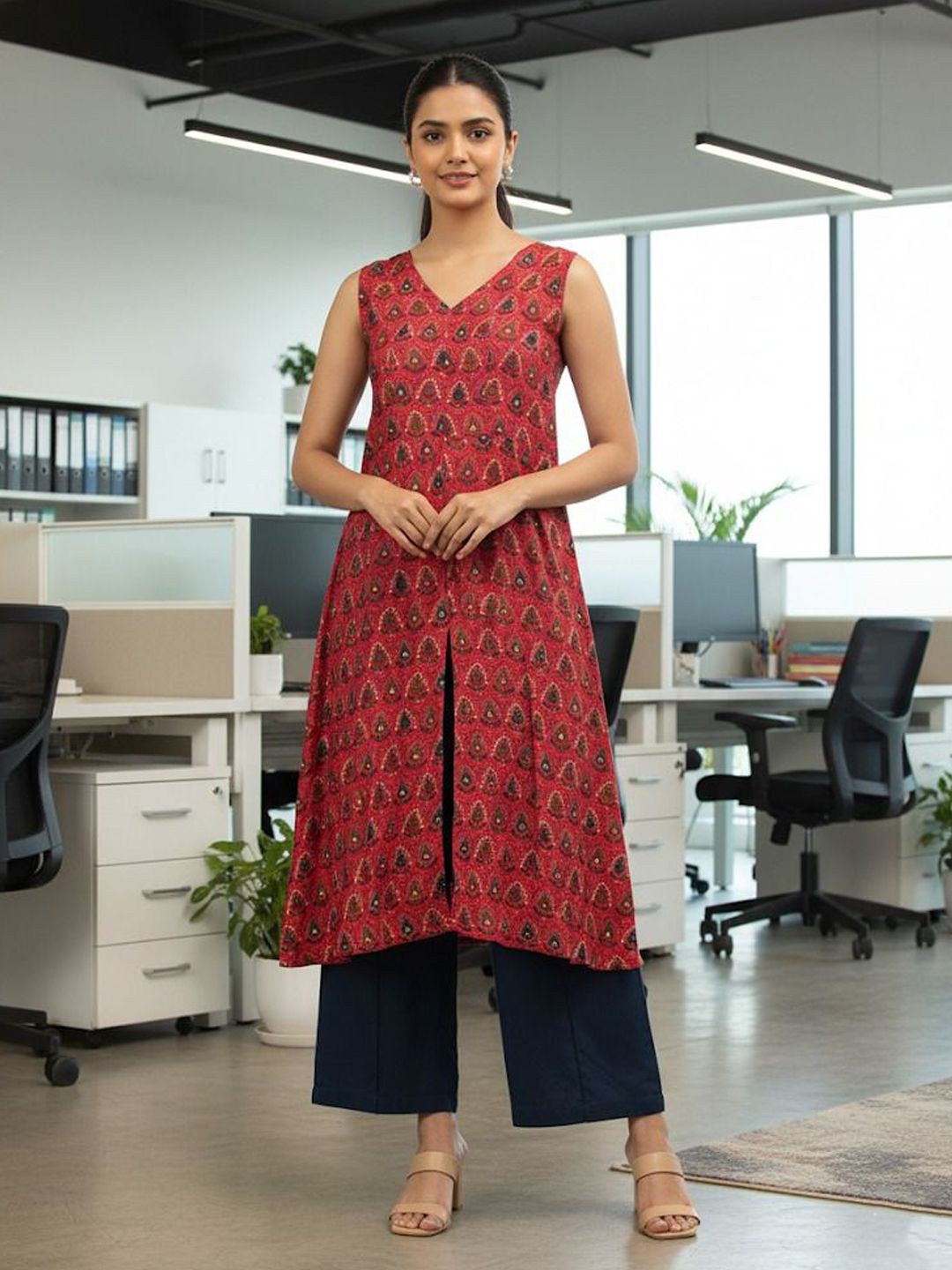 Ethnovog Geometric Printed V-Neck Thread Work A-Line Kurtas-picture-47