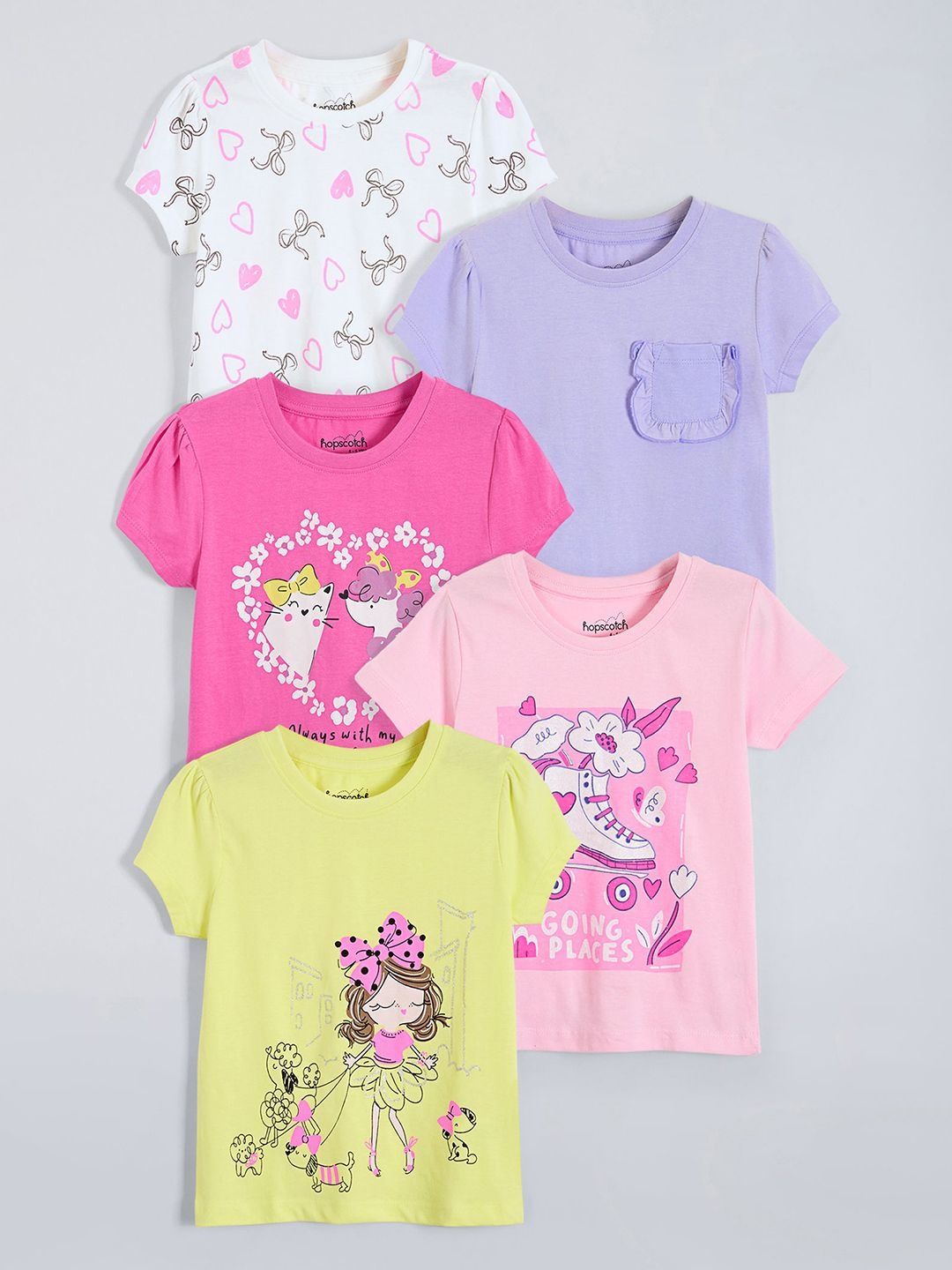 Hopscotch Multi Colored Pack Of 5 Animal Cotton T-shirts