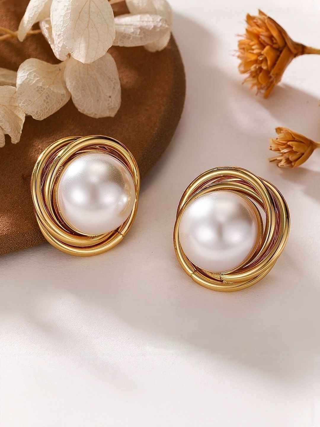 DIVASTRI Stainless Steel 18K Gold-Plated Pearls Beaded Circular Korean Studs-picture-14