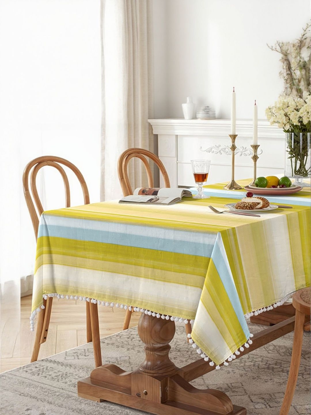 CASABLEU Lime Green And Blue Striped 6-Seater Rectangle Table Cover-picture-17