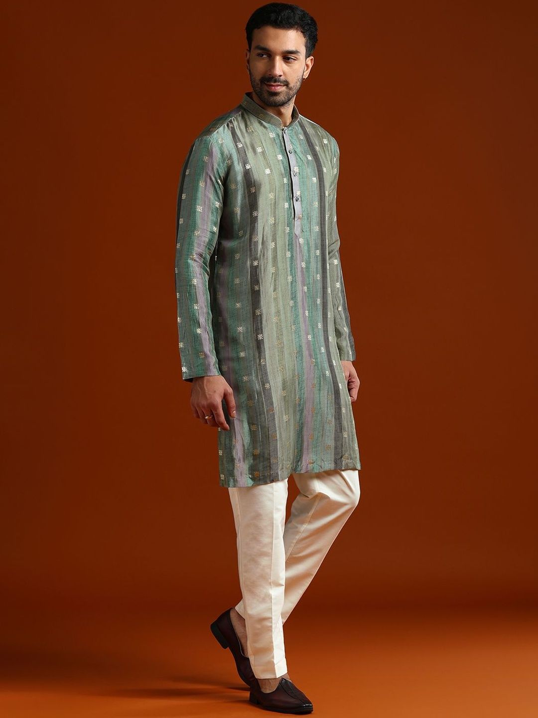 KALKI Fashion Floral Woven Design Mandarin Collar Straight Kurta & Trousers With Dupatta-picture-35