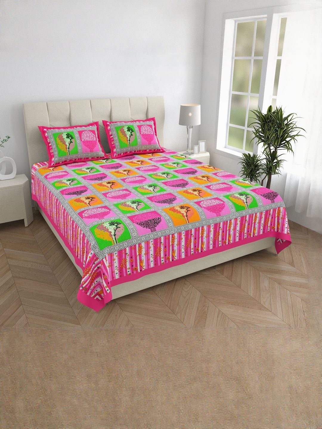 ABHACLOTHO Pink & Green Floral Printed Cotton 144 TC Double Bedsheet Set 2.10 m x 2.35 m-picture-13