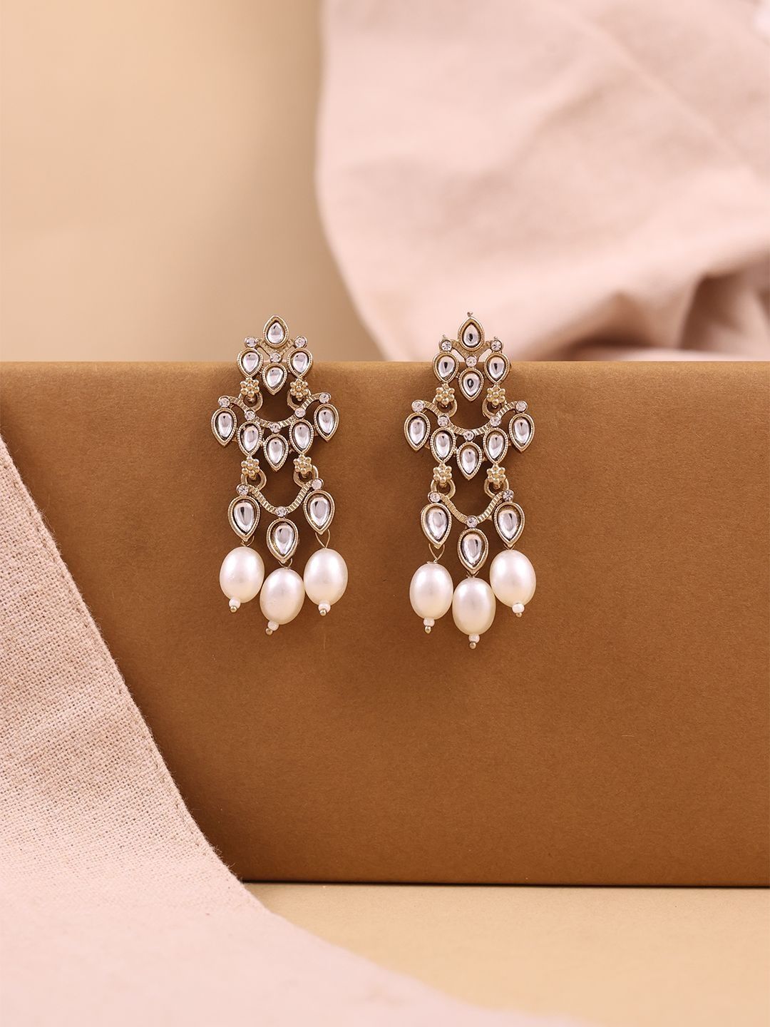 Fida Gold-Plated Kundan Studded & Pearls Beaded Teardrop Shaped Drop Earrings-picture-29