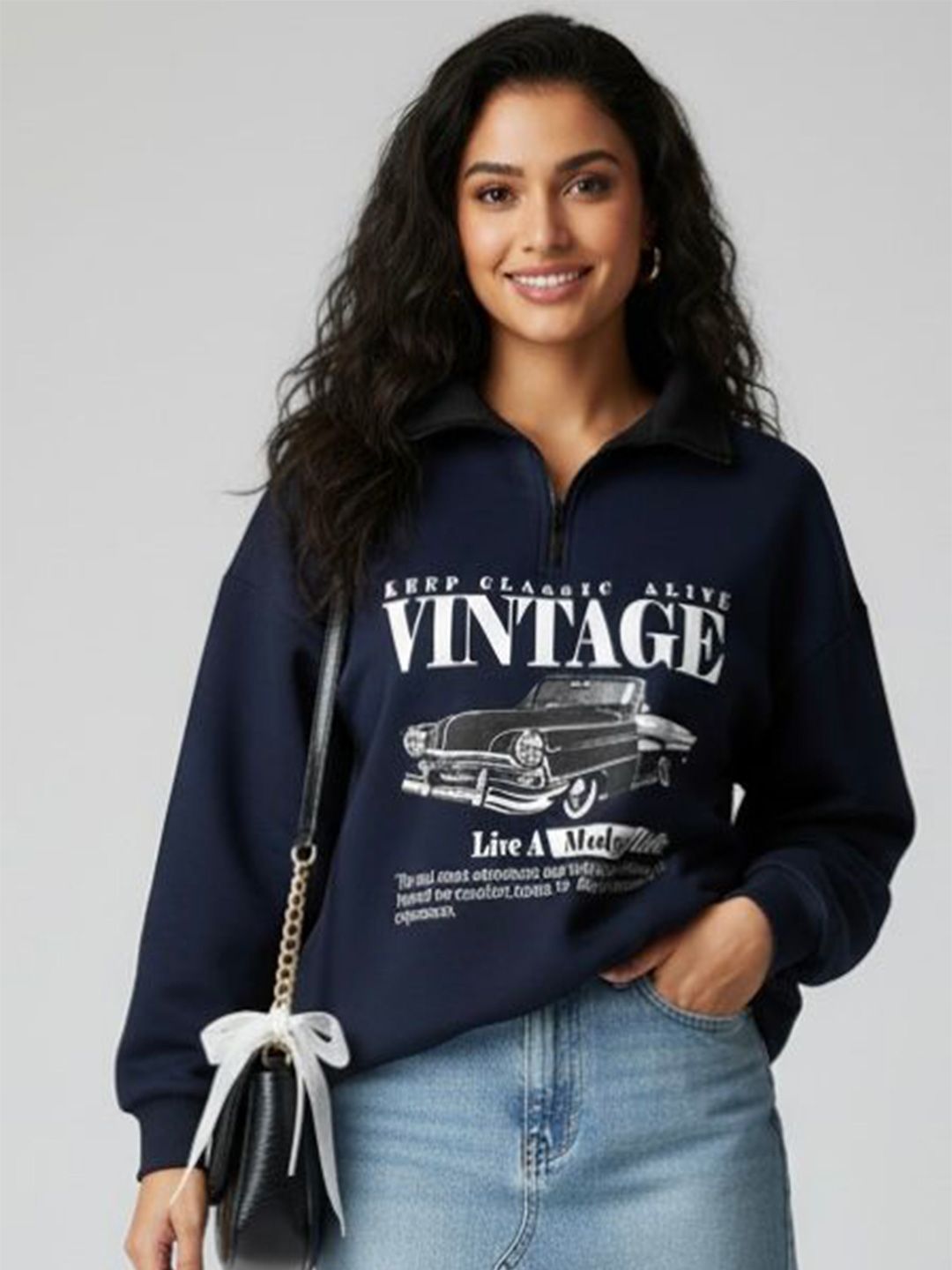 TABADTOD Women Typography Printed Oversized Half Zipper Sweatshirt