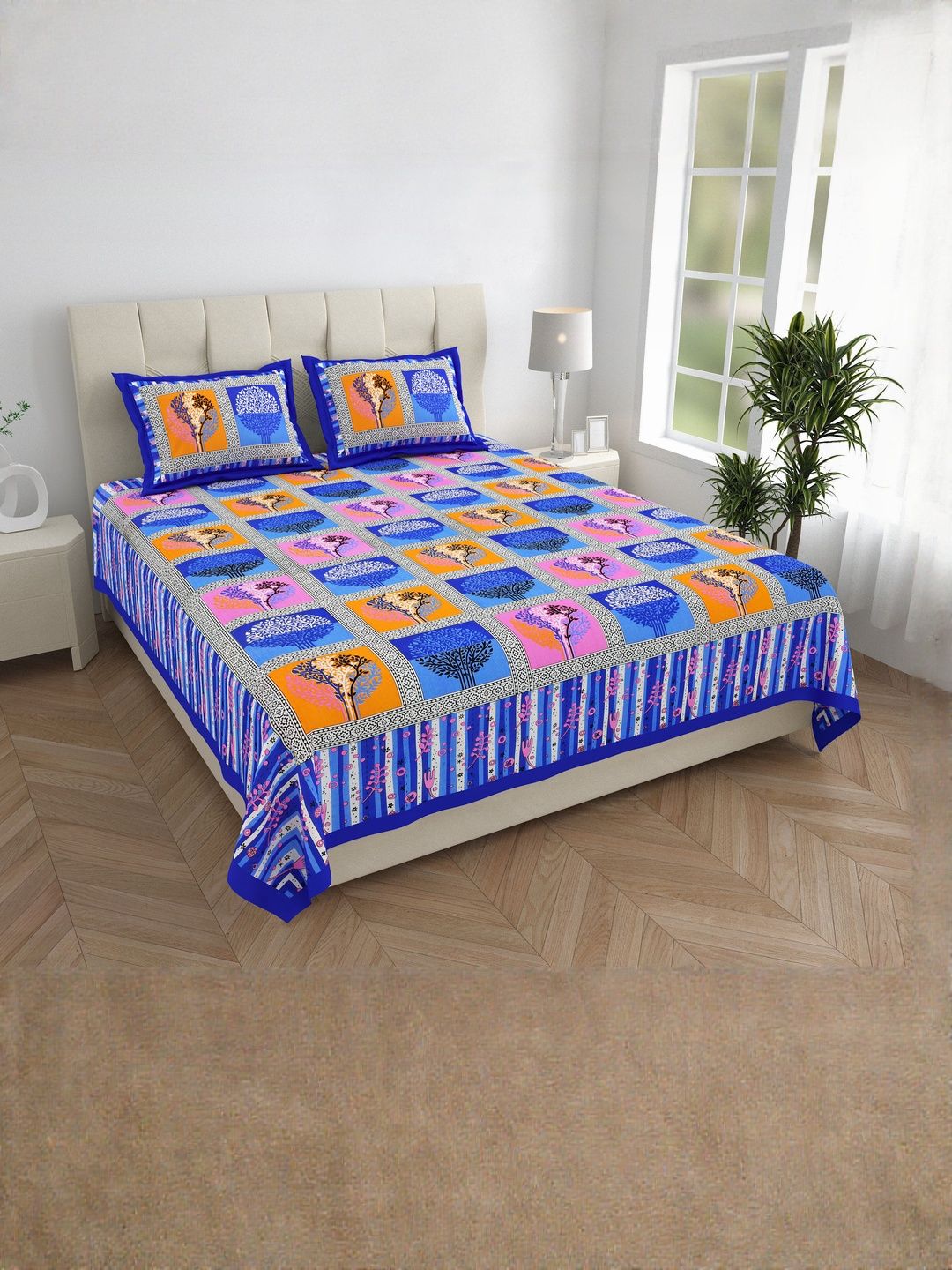 ABHACLOTHO Blue & Yellow Printed Cotton 144 TC Bedsheet & 2 Pillow Covers 82" x 92.5"-picture-20