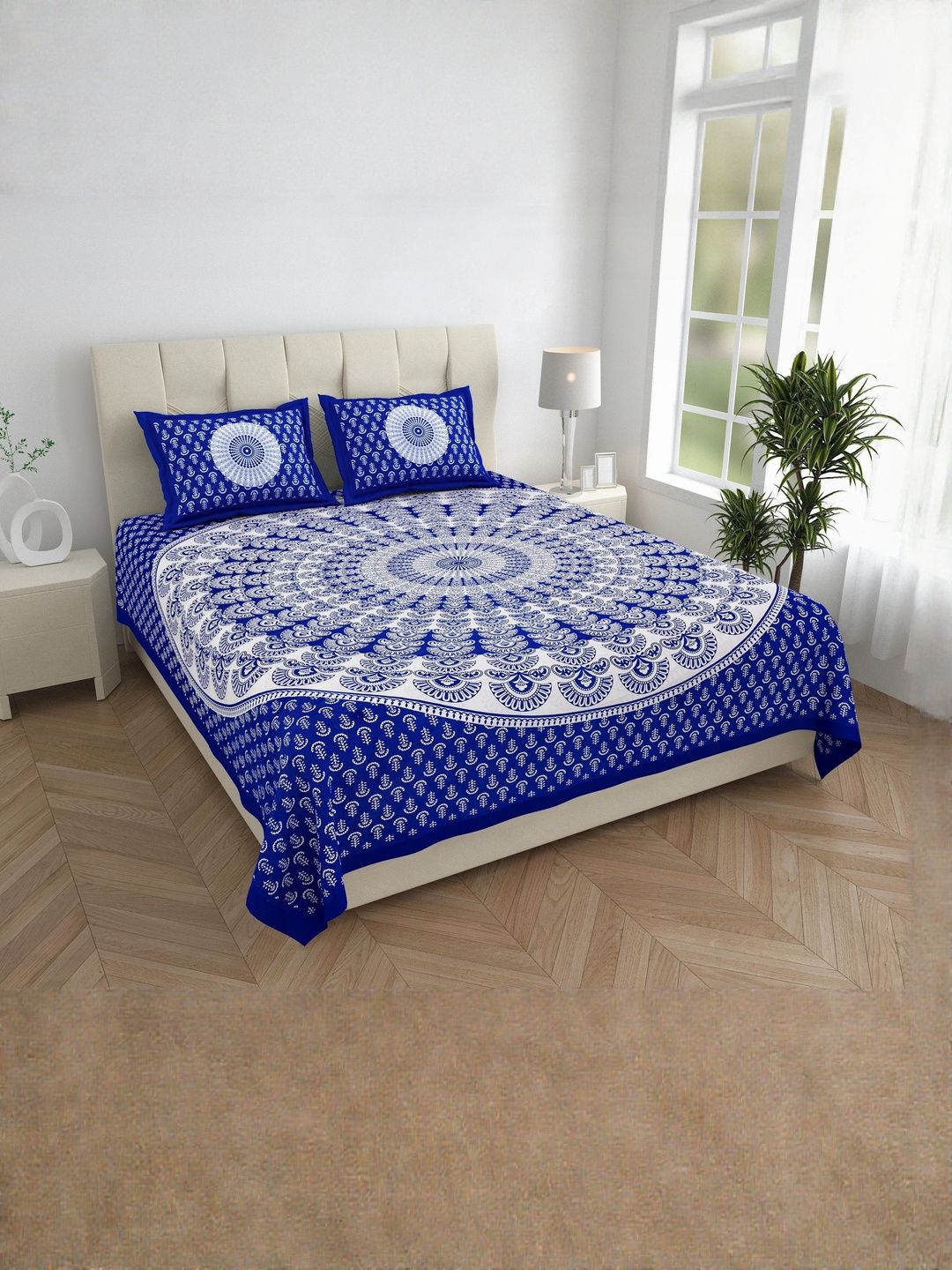ABHACLOTHO Blue & White Floral Printed Cotton 144 TC Double King Bedsheet Set 2.10mx2.35m-picture-12