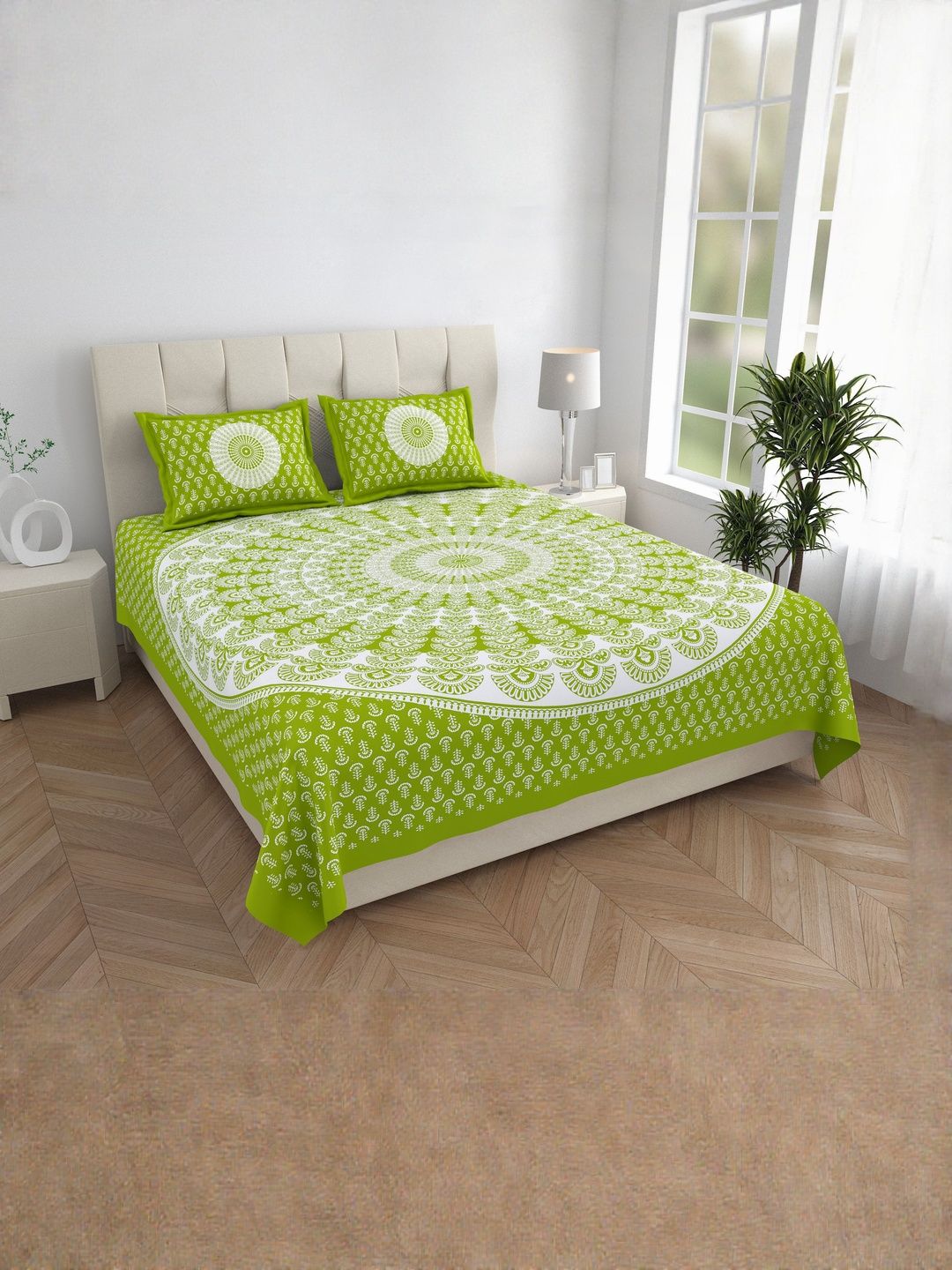 ABHACLOTHO Green & White Floral 144 TC Bedsheet with 2 Pillow Covers-picture-34
