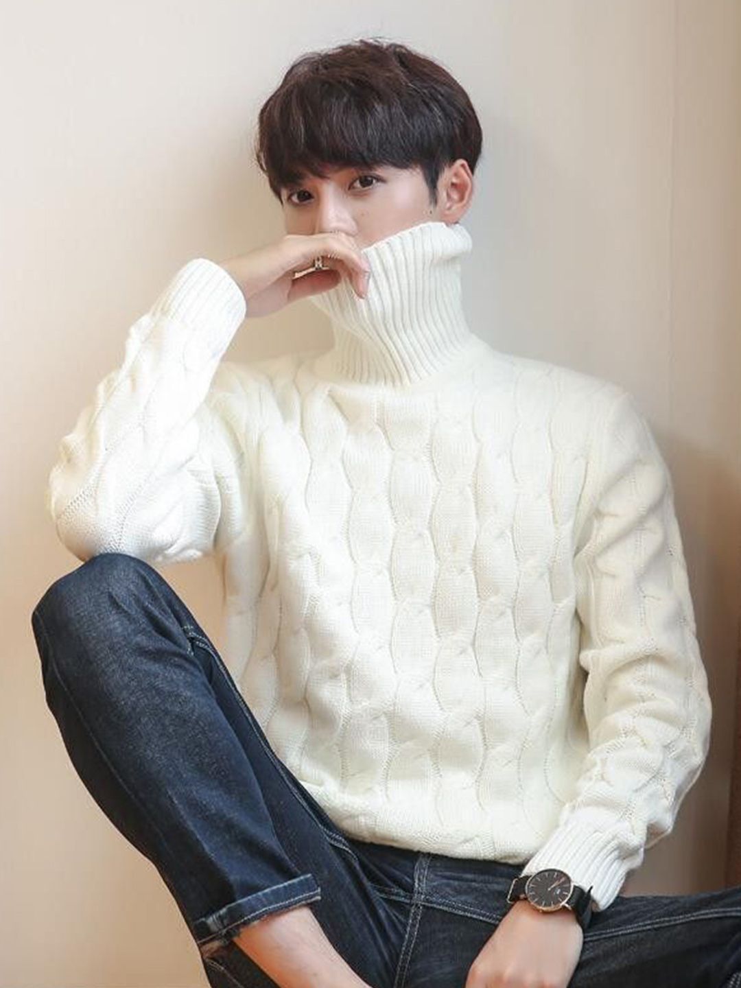 HERE&NOW Men Cable Knit Self Design Turtle Neck Long Sleeve Pullover