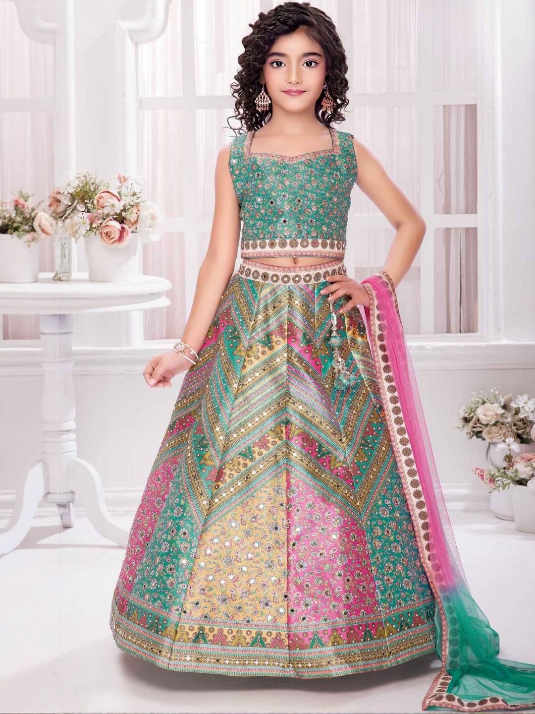 Sangria Girls Art Silk Printed Mirror Work Ready to Wear Lehenga & Blouse With Dupatta-picture-13