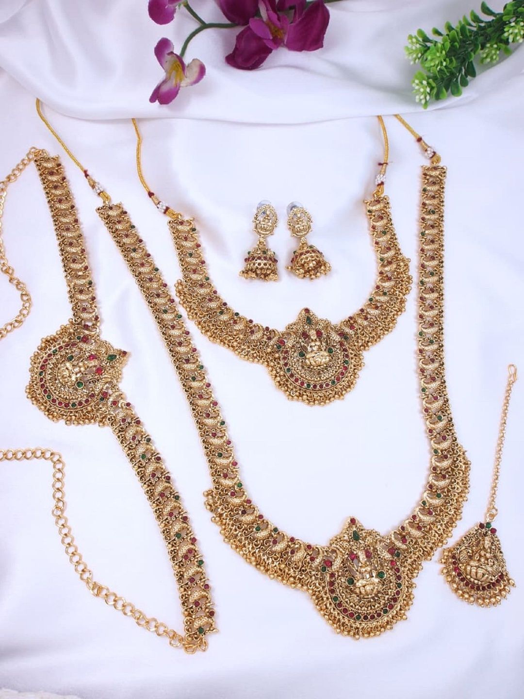 House of Pataudi Gold-Plated Stone-Studded Goddess Lakshmi Jewellery Set-picture-52