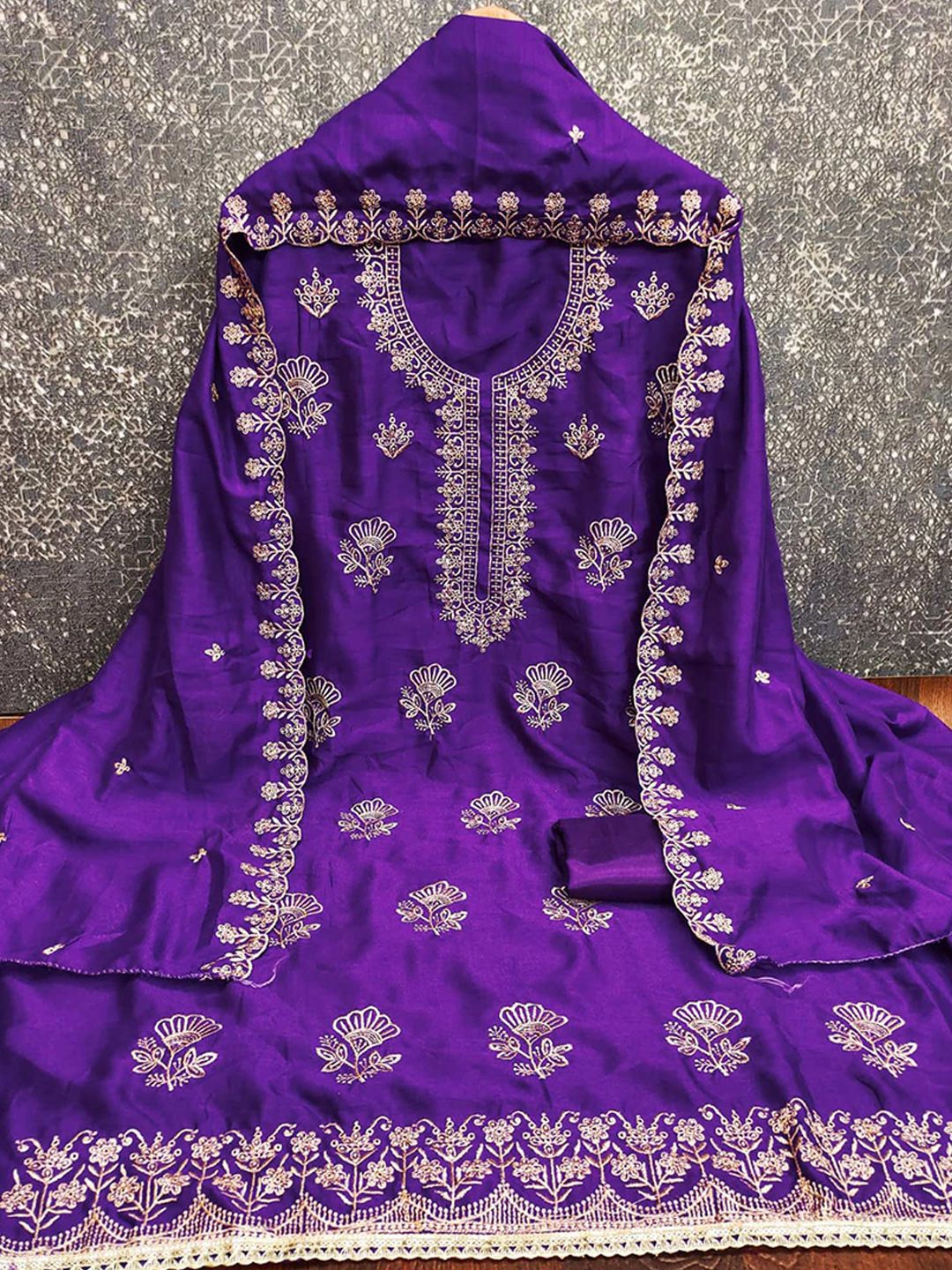 Peachmode Thread Embroidery Vichitra Silk Unstitched Dress Material-picture-14