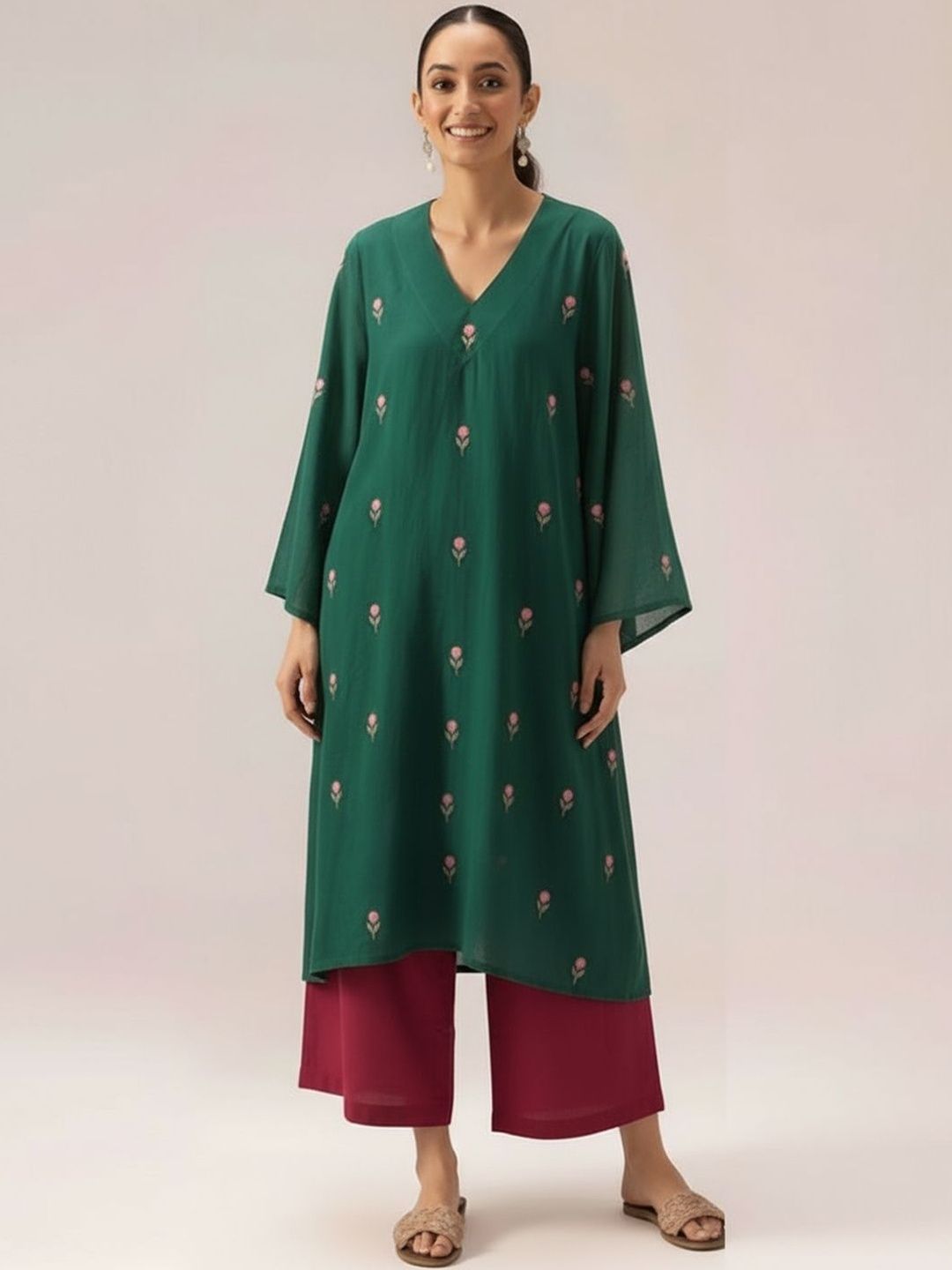 GoSriKi Floral Embroidered V-Neck Straight Kurta With Palazzos-picture-28