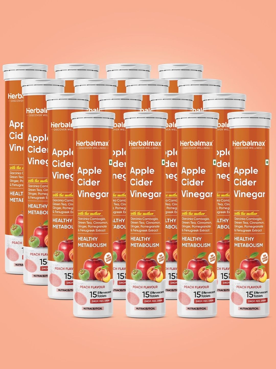 Herbal max Set Of 16 Apple Cider Vinegar Tablets - 15 Tablets Each - Peach Flavor-image-45