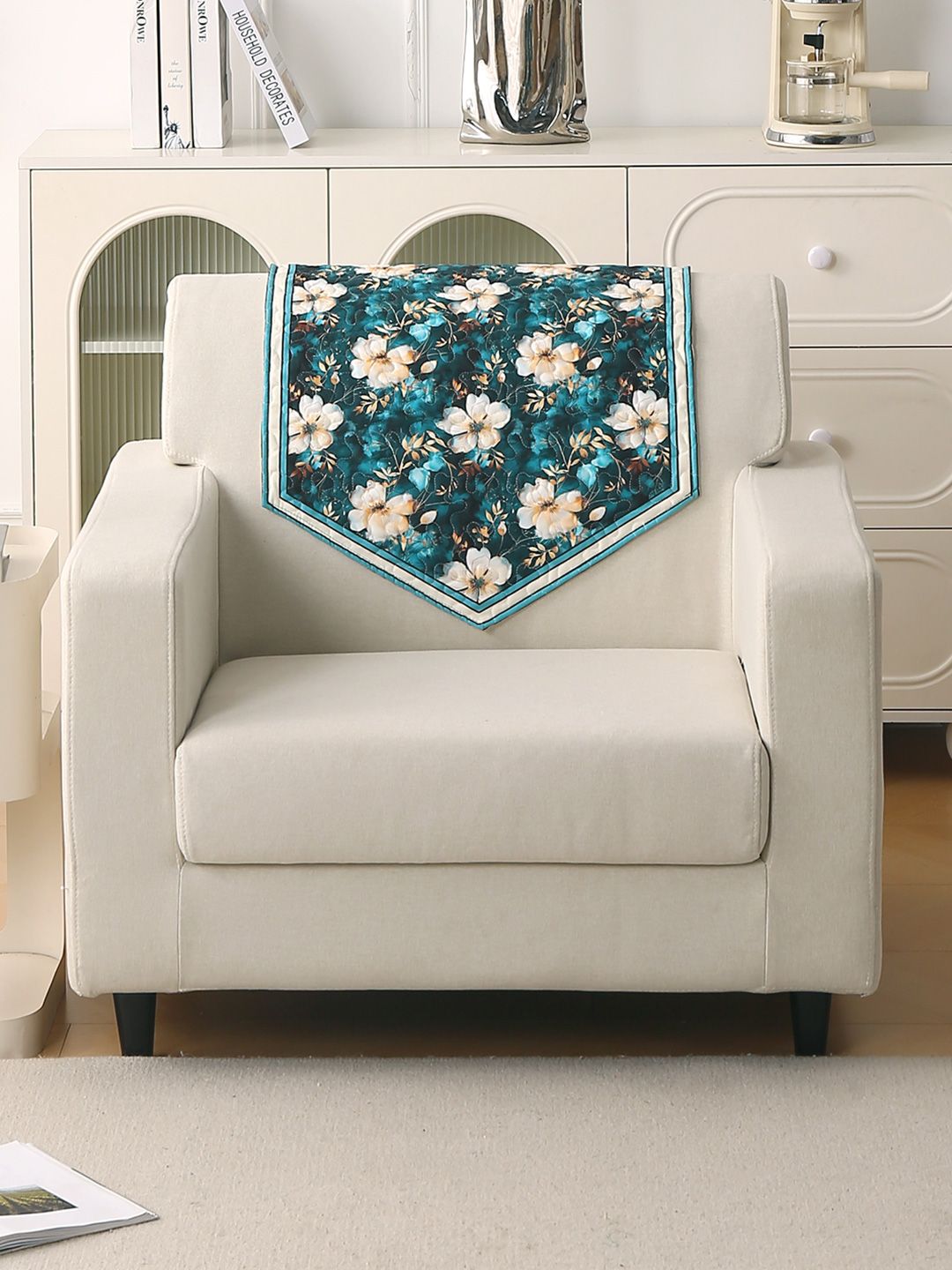HOKIPO Florentina Series Pansies Teal & White Printed Holland Velvet Backrest Cover Mat-picture-37