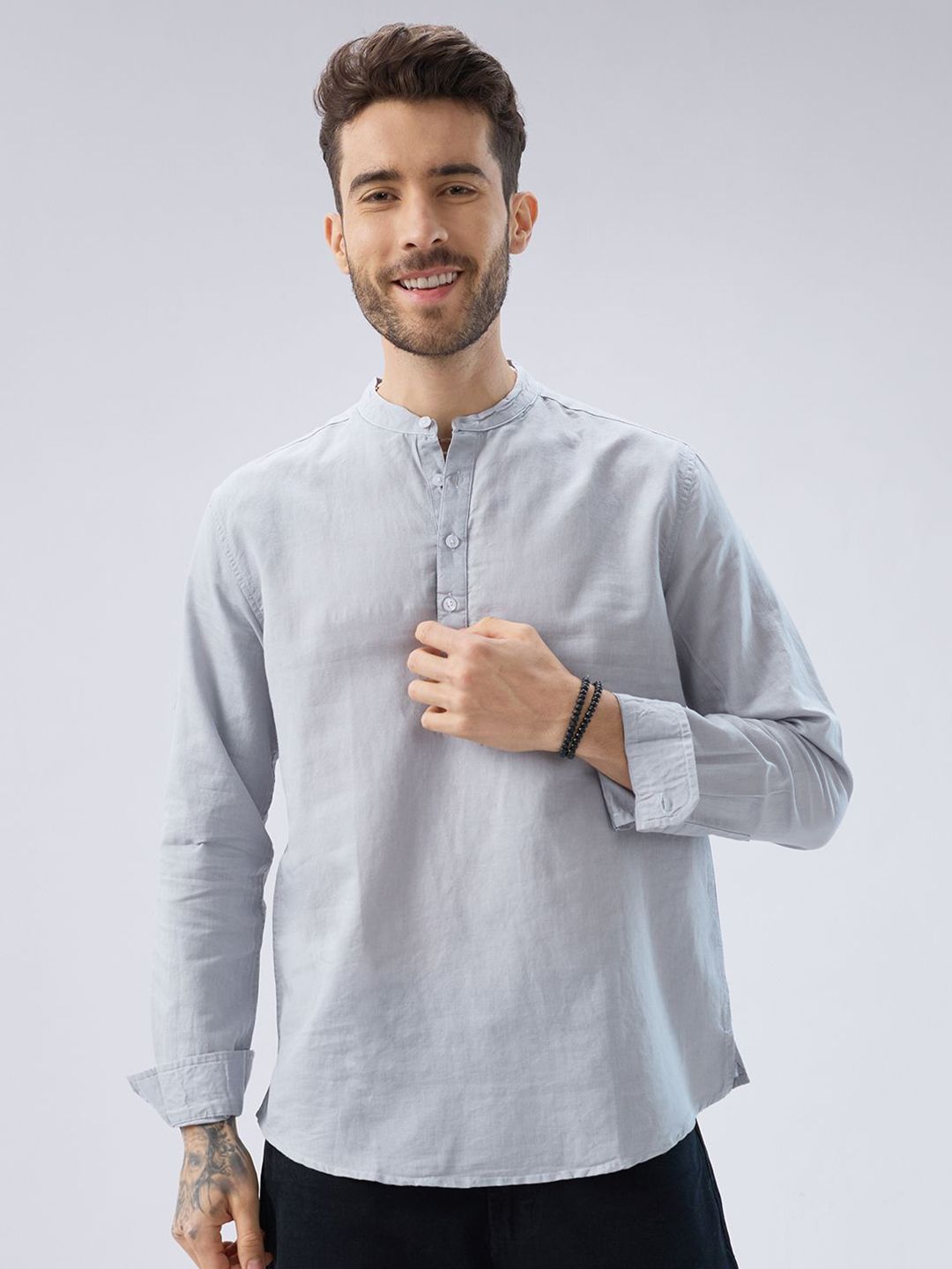 VASTRADO Band Collar Long Roll-Up Linen Straight Kurta-picture-35