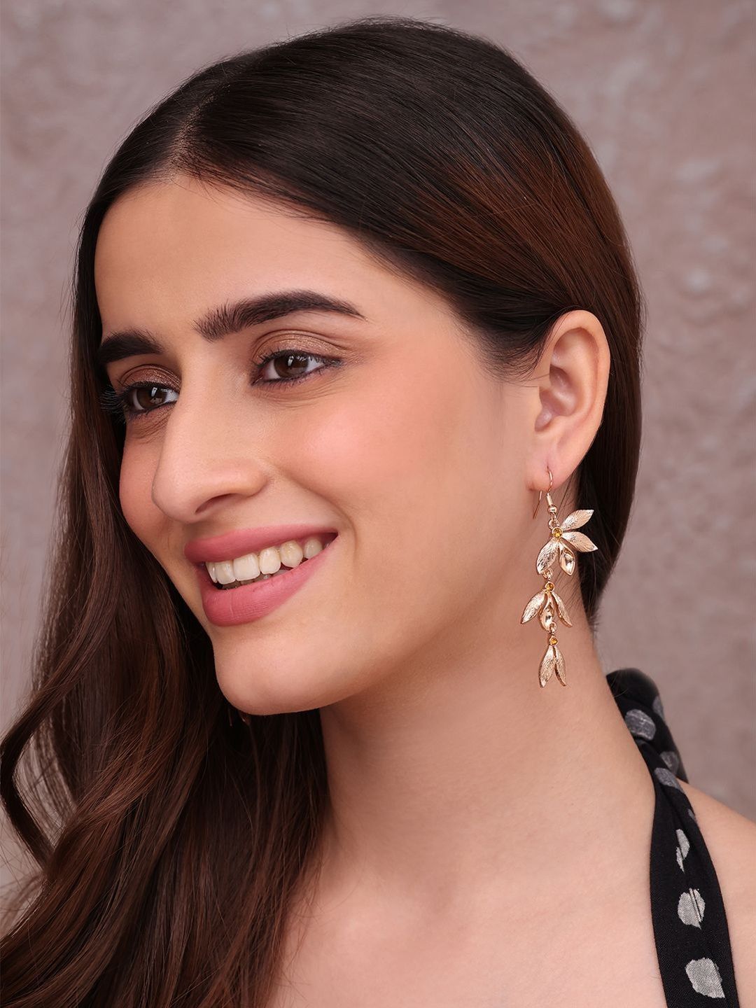 ToniQ Gold-Plated Crystals Studded Leaf Shaped Drop Earrings-picture-25