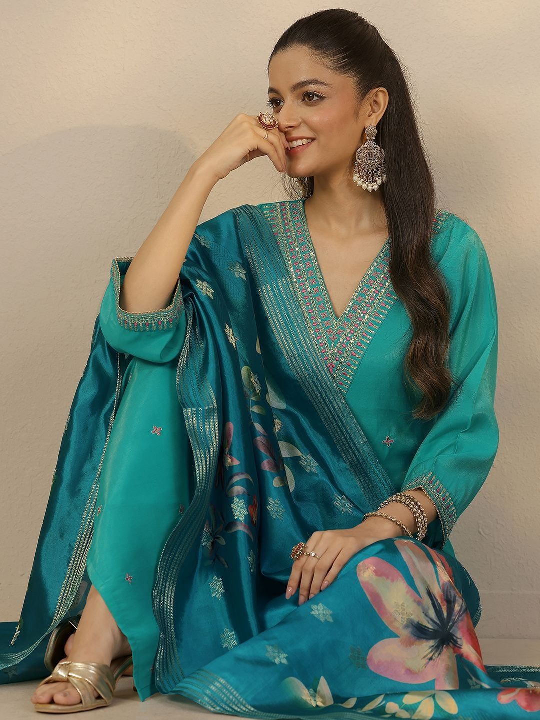 Libas Women Floral Embroidered Regular Thread Work Kurta with Trousers & Dupatta-picture-37