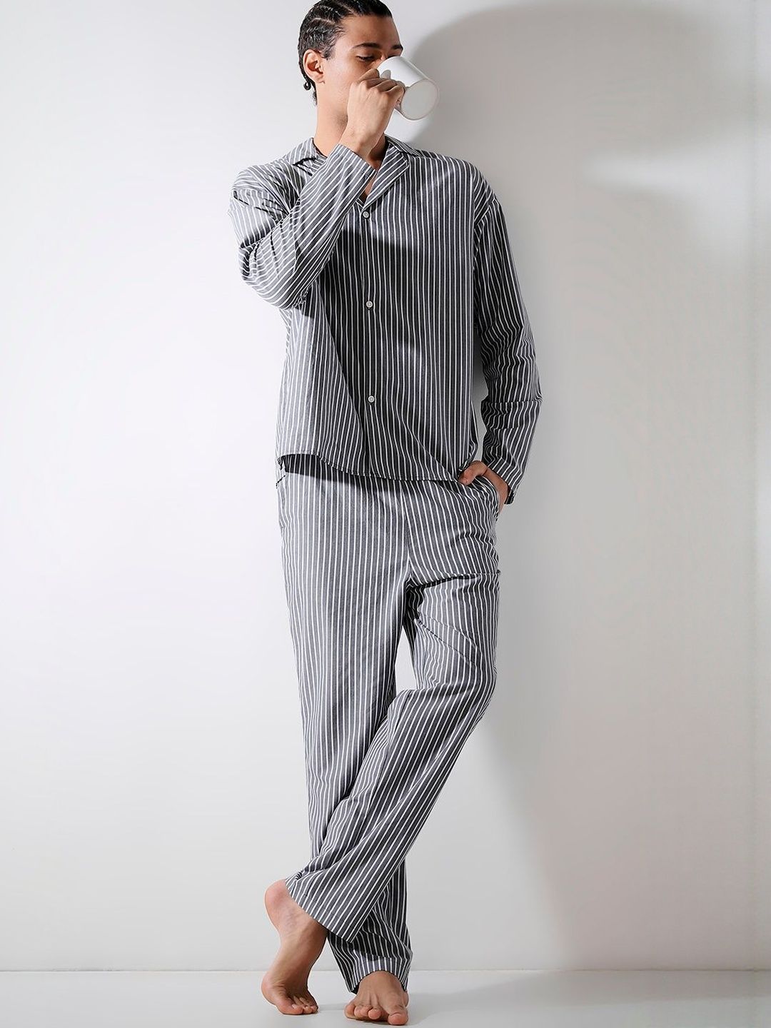 Jack & Jones Men Striped Lapel Collar Long Sleeves Shirt & Pyjamas Night suit