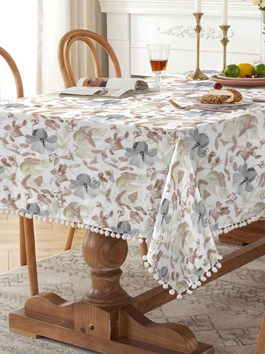 CASABLEU Grey & White Floral Printed 6-Seater Rectangle Table Cover-picture-31