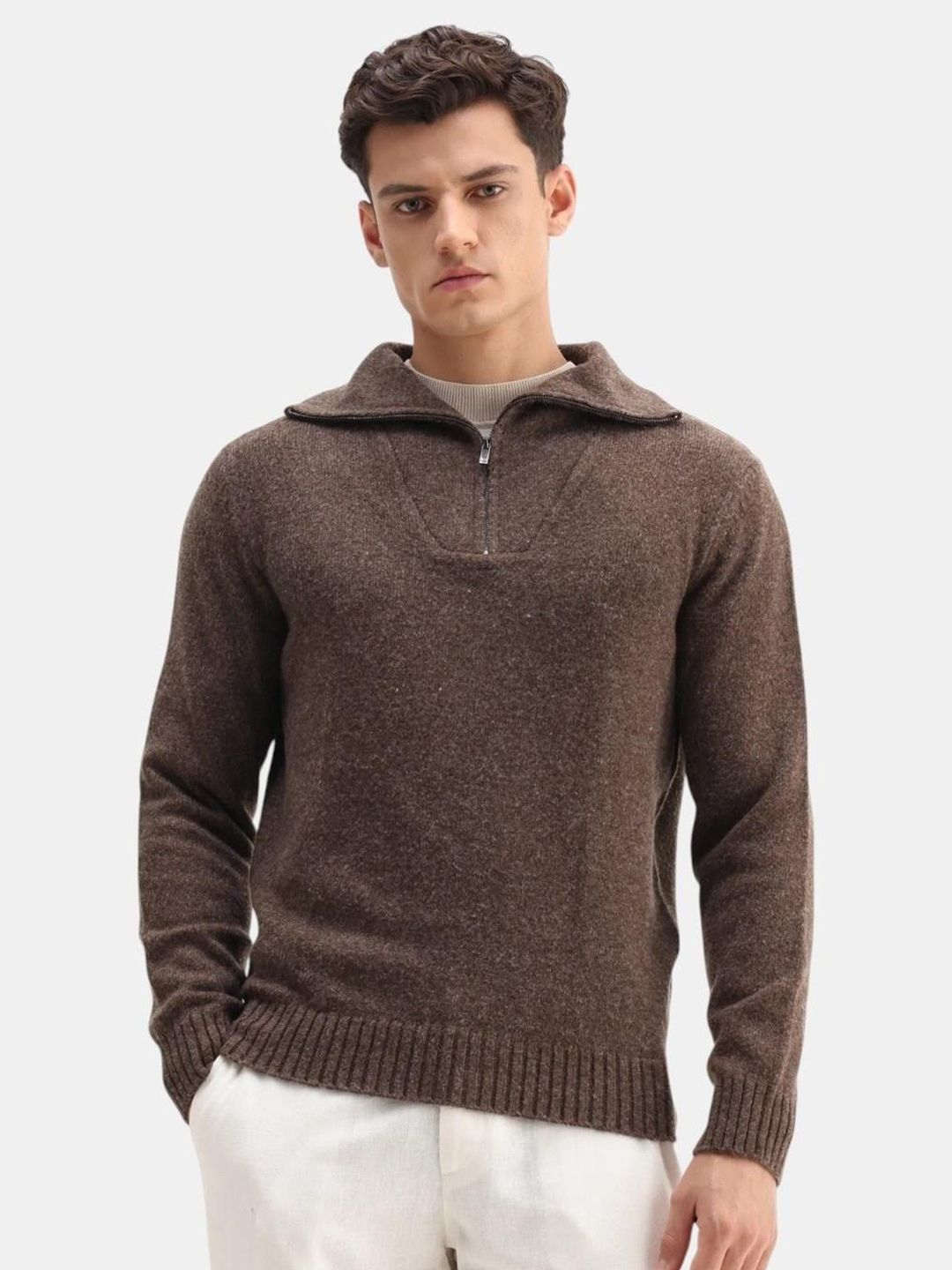 RARE RABBIT Men Self Design Shirt Collar Long Sleeves Half Zipper Pullover Sweaters-picture-23