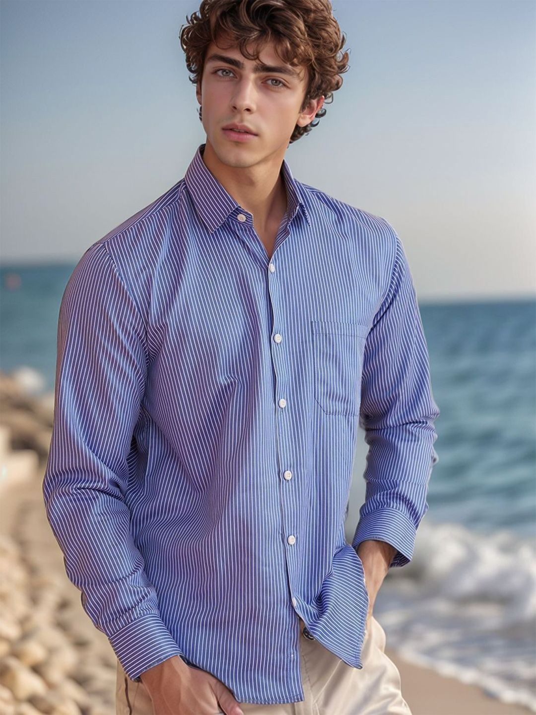 encore by INVICTUS Men Original Fit Vertical Striped Spread Collar Cotton Casual Shirt-picture-13