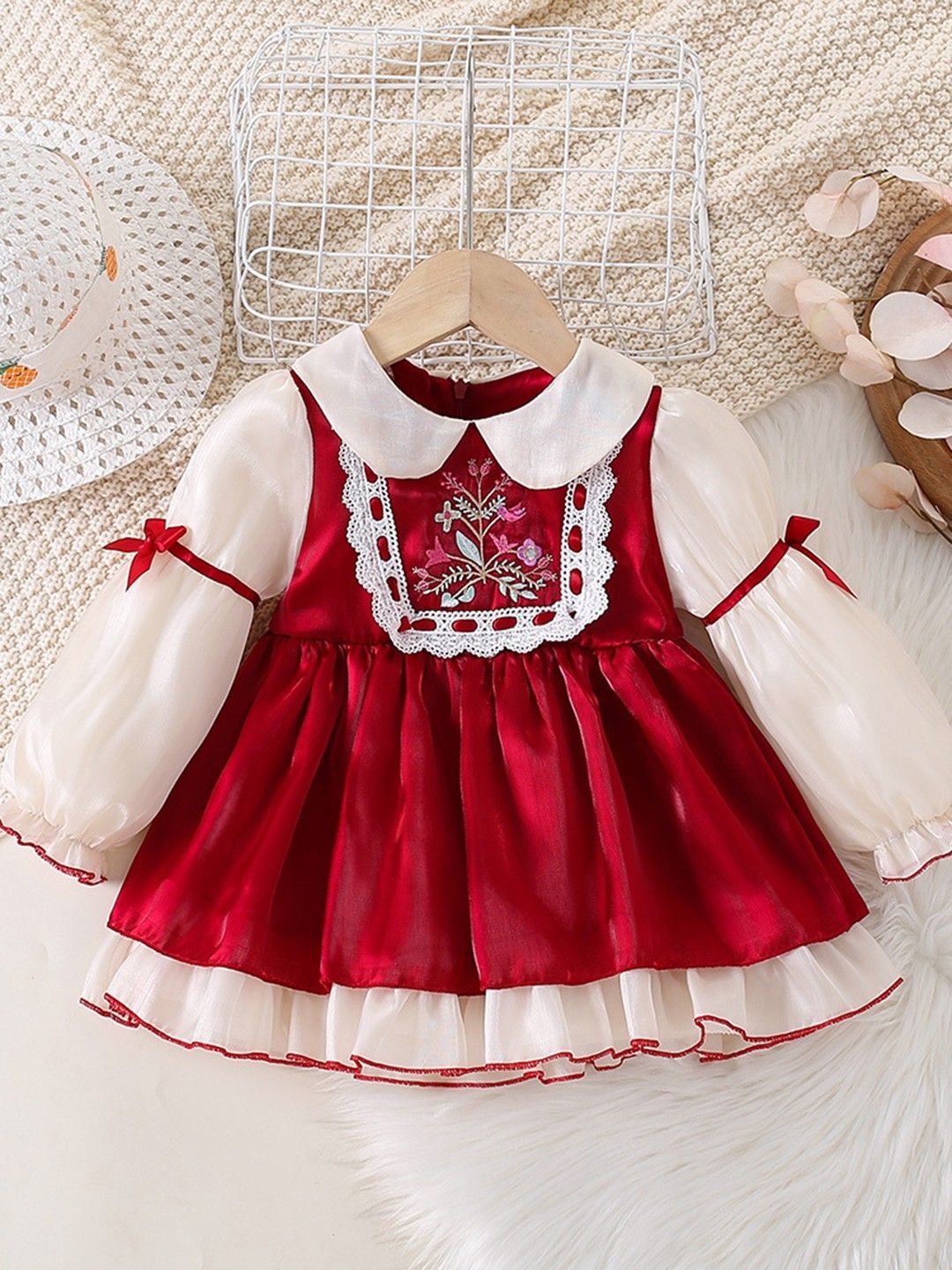 YK Girls Floral Embroidered Lace Insert Peter Pan Collar Fit and Flare Midi Dress-picture-30