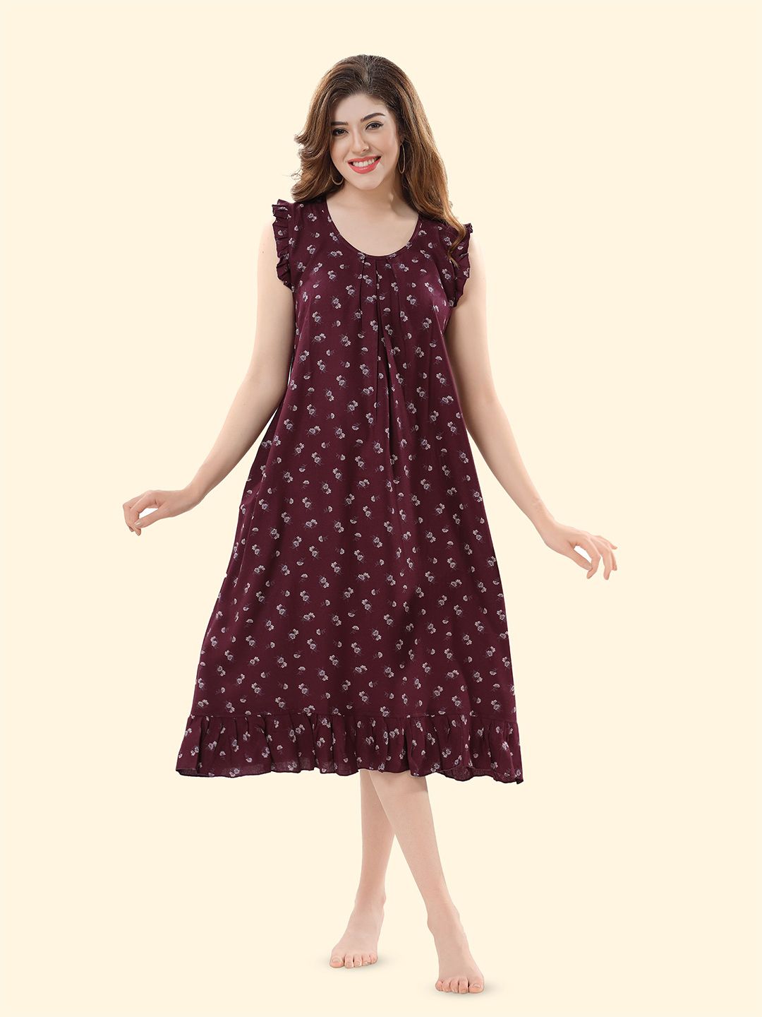Cloud Soft Women Floral Printed Round Neck Sleeveless Midi Nightdress-picture-26