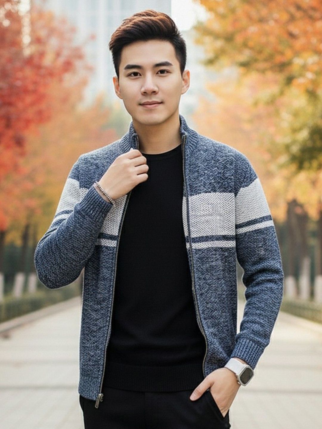 HERE&NOW Men Striped Long Sleeves Cardigan with Zip Detail Detail-image-36