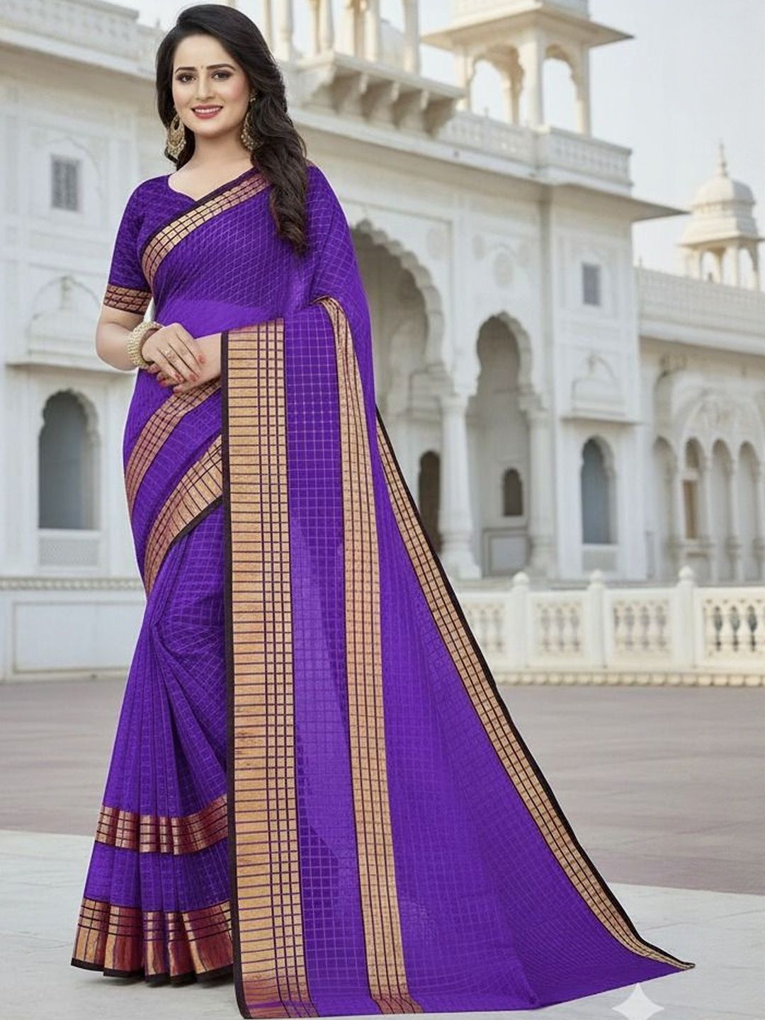 Moda Rapido Checked Zari Saree with Unstitched Blouse Piece-image-28