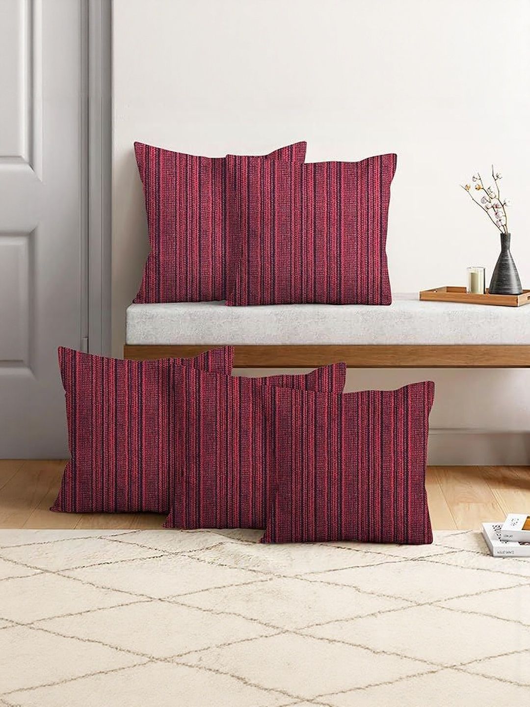 NISSI Maroon Set of 5 Striped Cotton Square Cushion Covers-picture-29