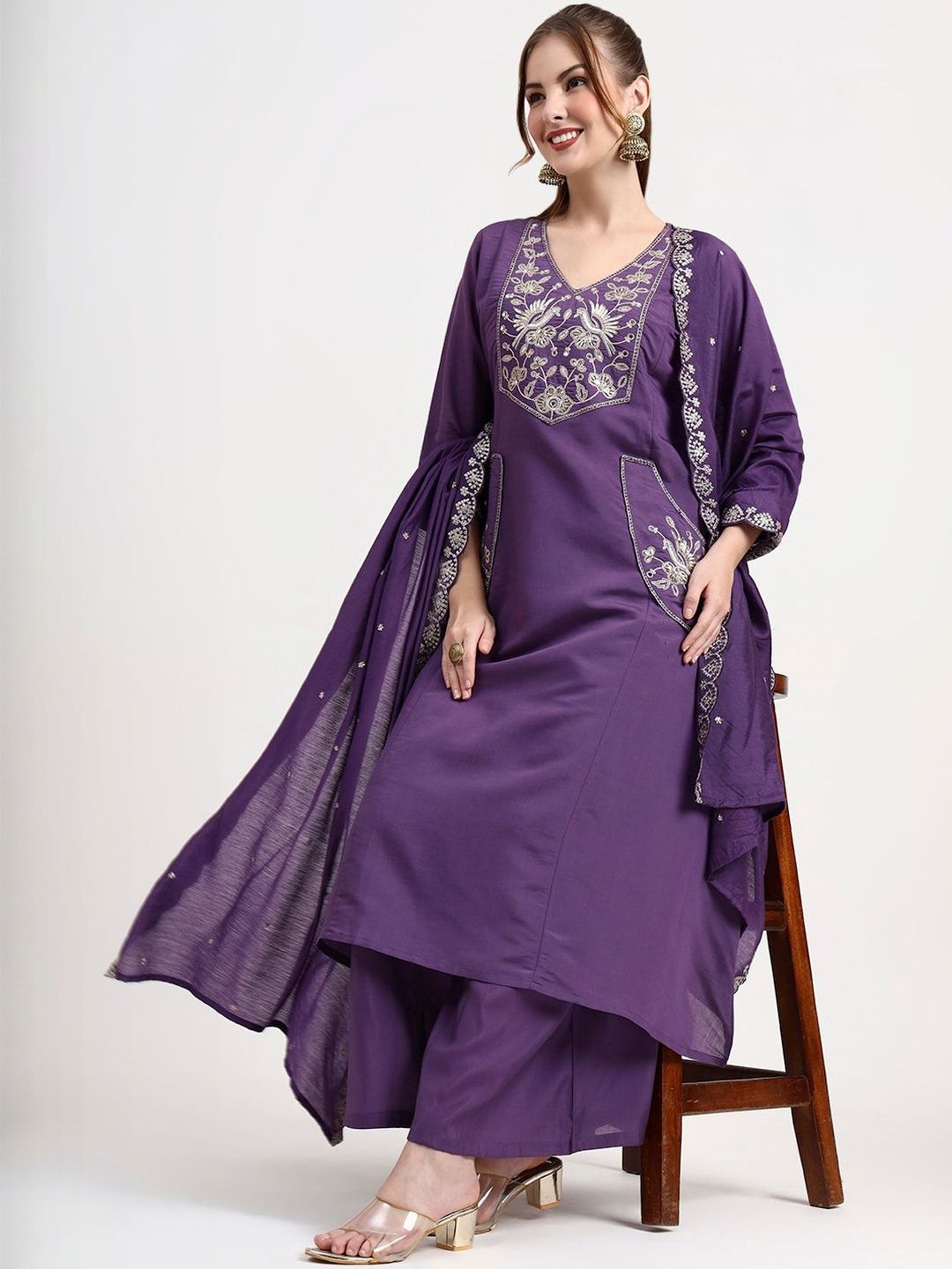 Yufta Ethnic Motifs Embroidered Mirror Work Kurta With Palazzos & Dupatta-image-16