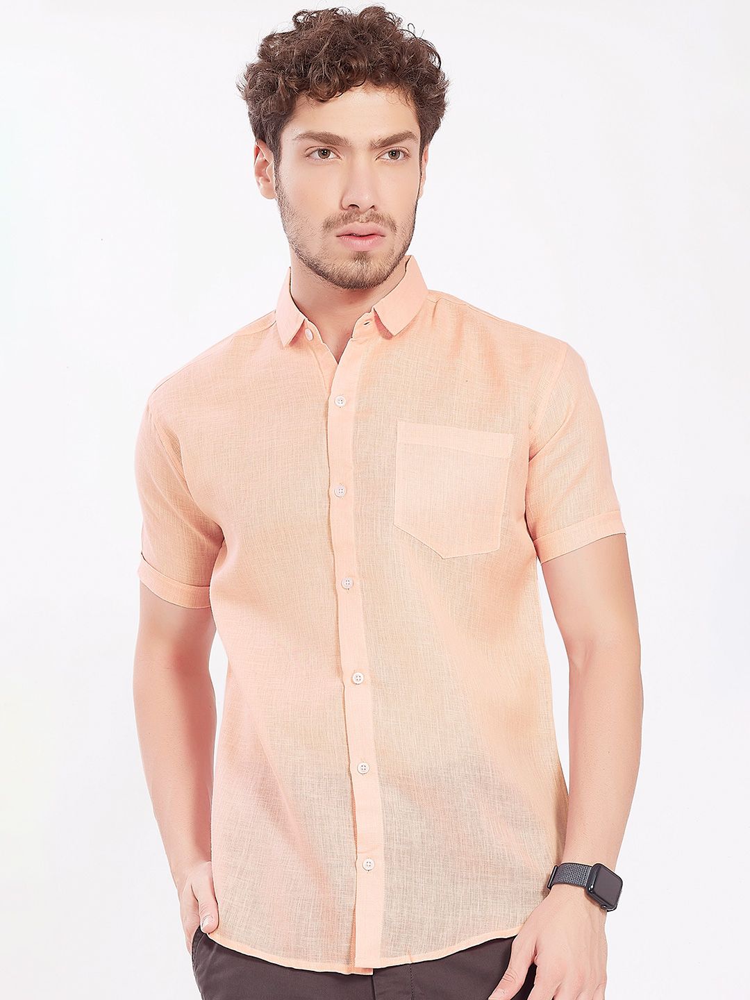 THE BEETEL HOUSE Men Comfort Slim Fit Textured Spread Collar Linen Casual Shirt-picture-37