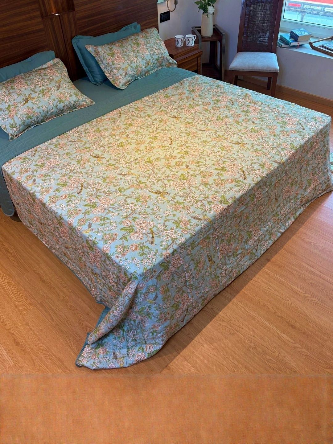 Bells & Whistles Green & Pink Cotton Floral Printed Double King Comforter-image-46